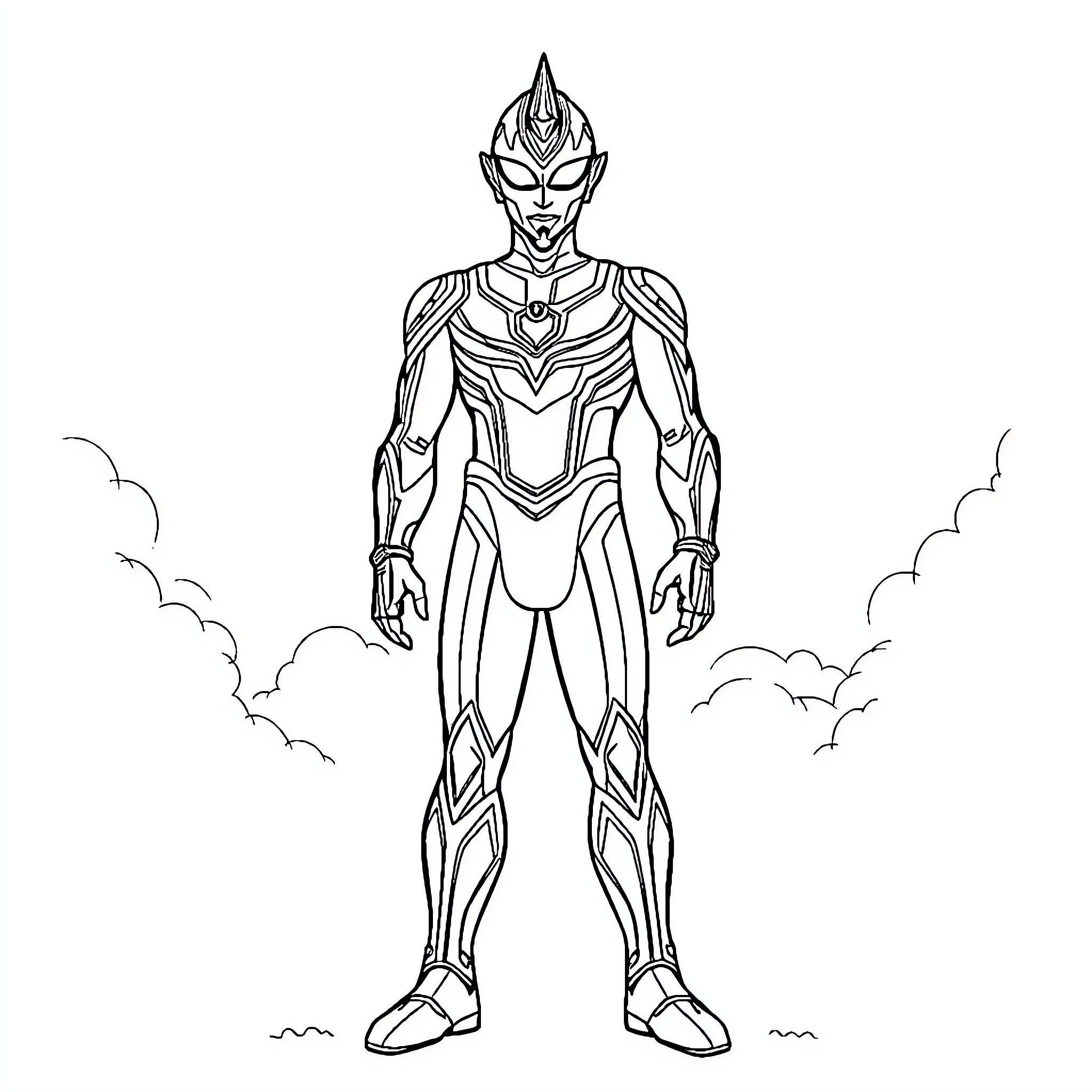 Ultraman in heroic battle stance Coloring Page (free black-and-white line drawing printable PDF for all, from beginners to advanced learners, including children, teens, adults, and seniors)