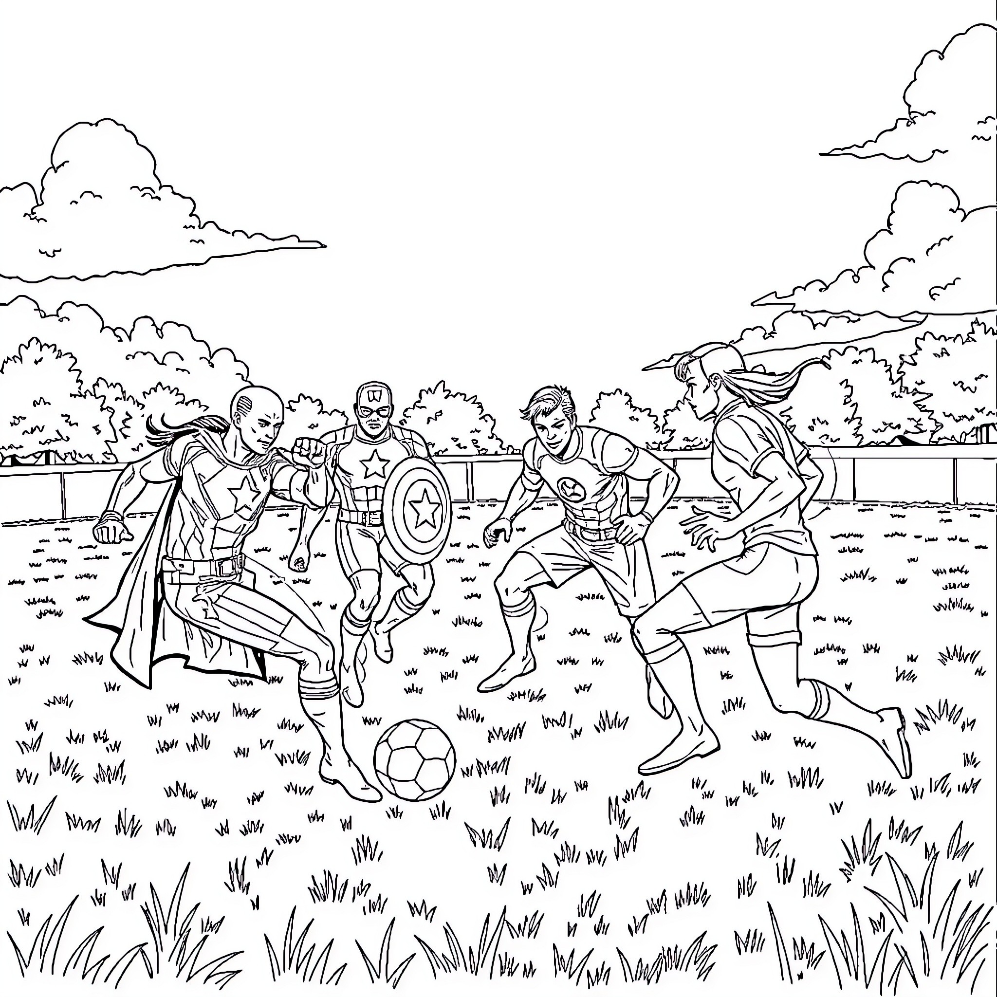 Avengers Engaged in Outdoor Action Coloring Page (free black-and-white line drawing printable PDF for all, from beginners to advanced learners, including children, teens, adults, and seniors)