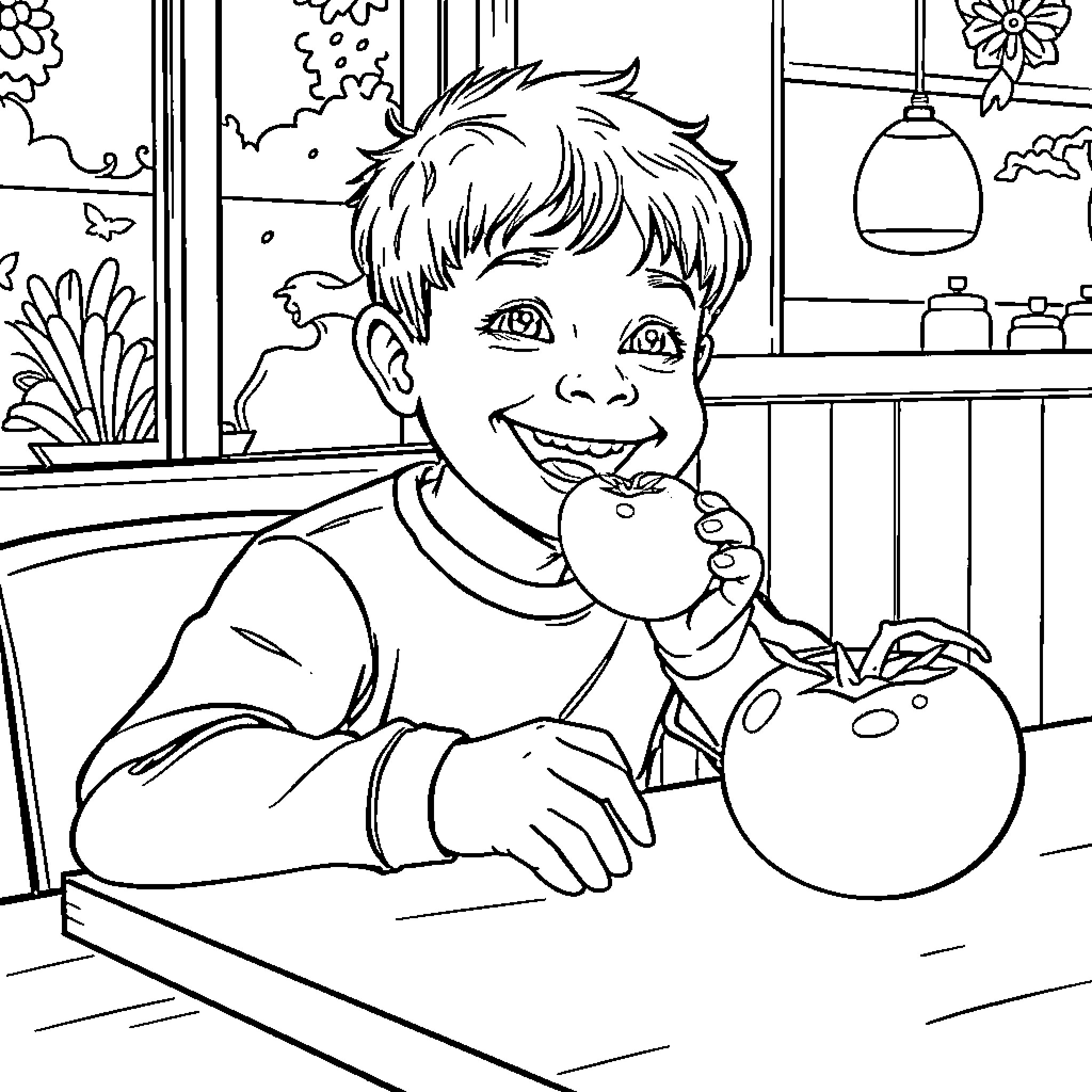 Kid enjoying a healthy snack in the kitchen Coloring Page (free black-and-white line drawing printable PDF for all, from beginners to advanced learners, including children, teens, adults, and seniors)
