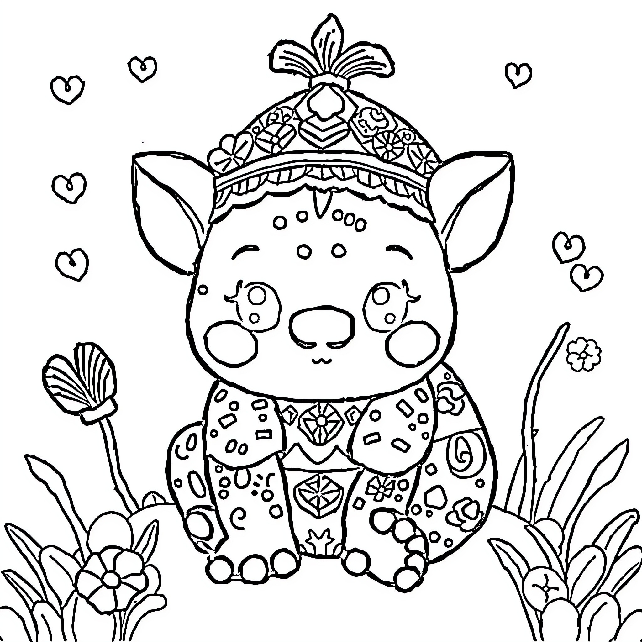 Labubu's Whimsical Floral Adornment Coloring Page (free black-and-white line drawing printable PDF for all, from beginners to advanced learners, including children, teens, adults, and seniors)