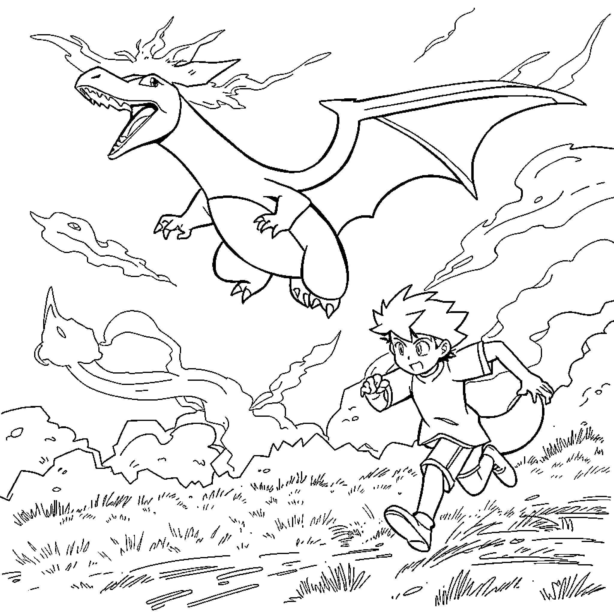 Charizard pursuing a frightened trainer in a dramatic scene Coloring Page (free black-and-white line drawing printable PDF for all, from beginners to advanced learners, including children, teens, adults, and seniors)