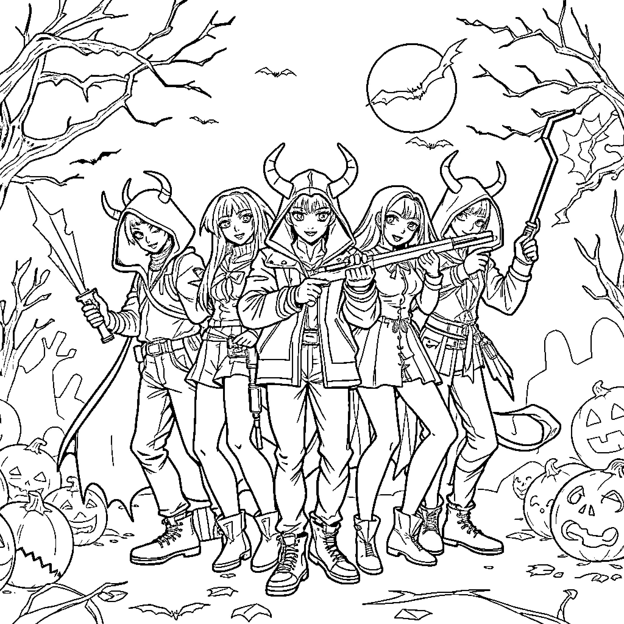 Kpop Demon Hunter Squad in Spooky Forest Coloring Page (free black-and-white line drawing printable PDF for all, from beginners to advanced learners, including children, teens, adults, and seniors)