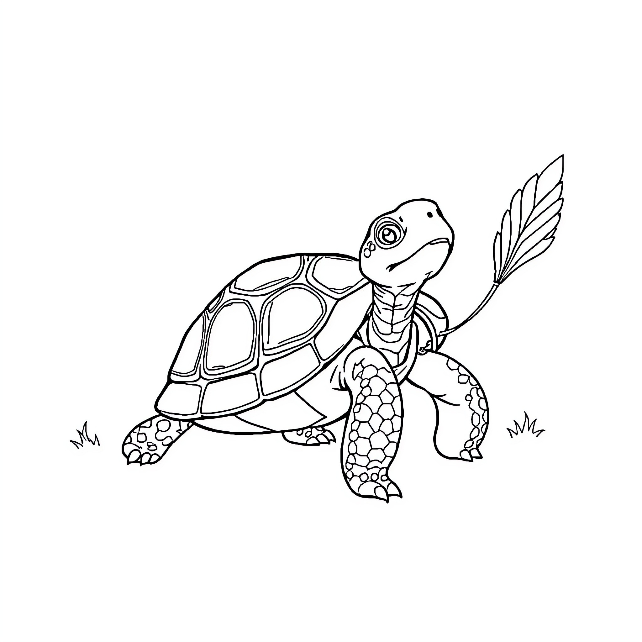 Turtle with feather carrying arrow Coloring Page (free black-and-white line drawing printable PDF for all, from beginners to advanced learners, including children, teens, adults, and seniors)