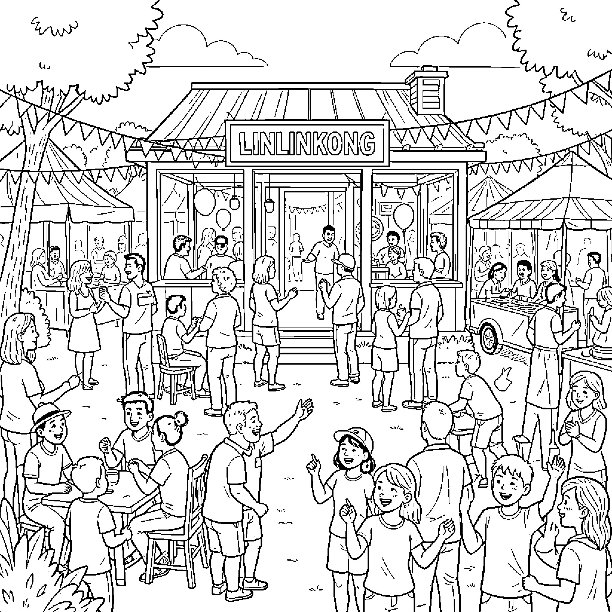 Linlinkong's Lively Carnival Festival Coloring Page (free black-and-white line drawing printable PDF for all, from beginners to advanced learners, including children, teens, adults, and seniors)