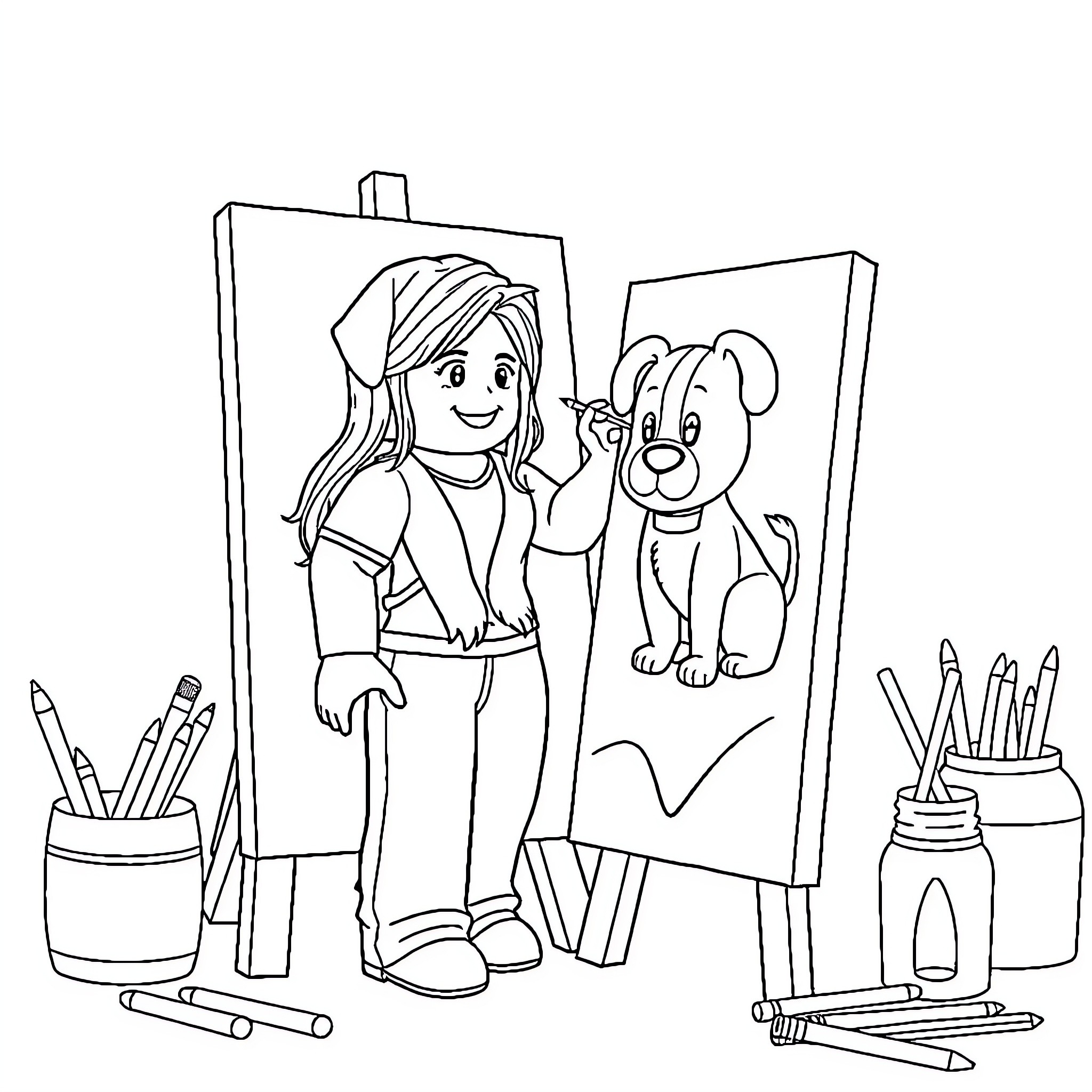 Roblox Character creating a painting with dog Coloring Page (free black-and-white line drawing printable PDF for all, from beginners to advanced learners, including children, teens, adults, and seniors)