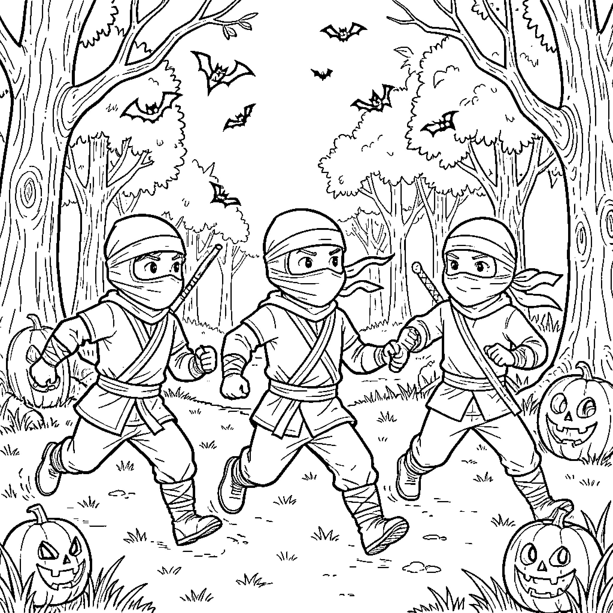 Ninja characters running through a spooky forest Coloring Page (free black-and-white line drawing printable PDF for all, from beginners to advanced learners, including children, teens, adults, and seniors)