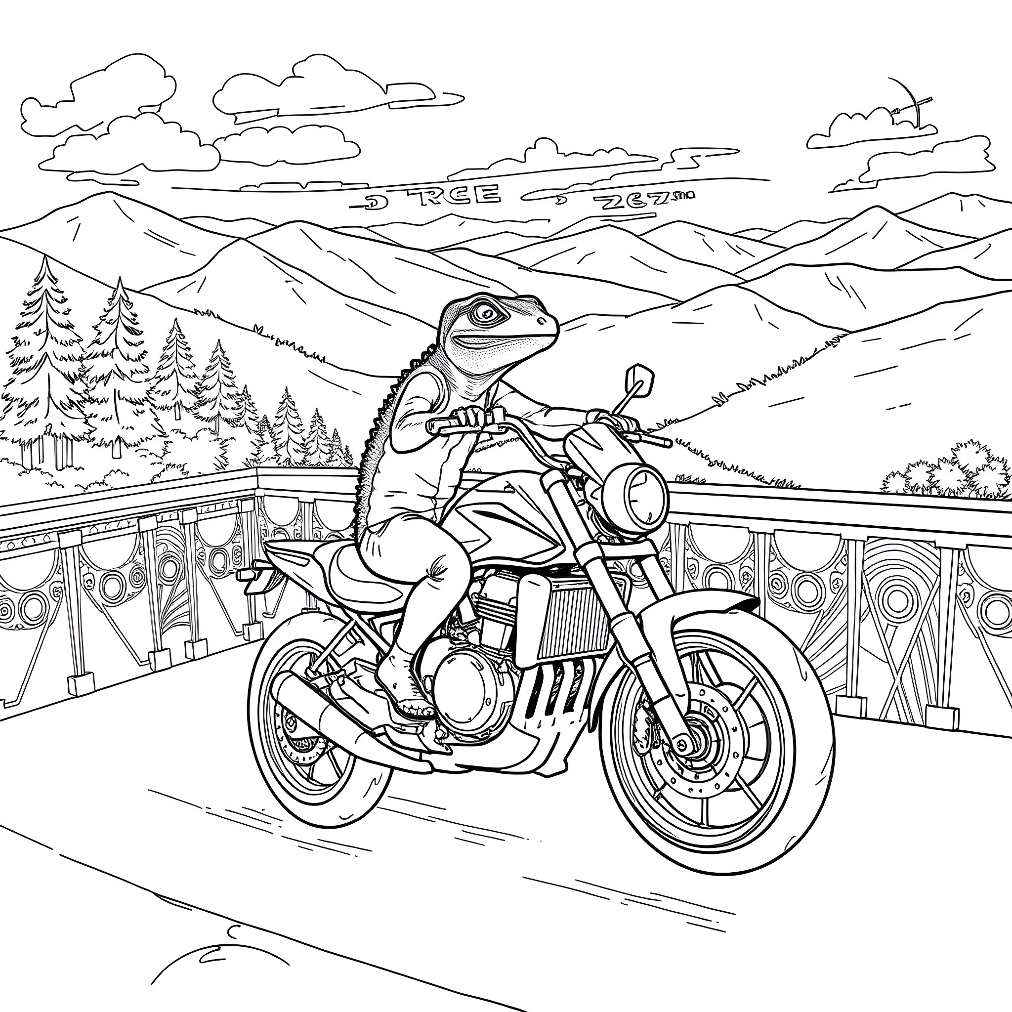 Lizard riding a motorcycle through the mountains Coloring Page (free black-and-white line drawing printable PDF for all, from beginners to advanced learners, including children, teens, adults, and seniors)