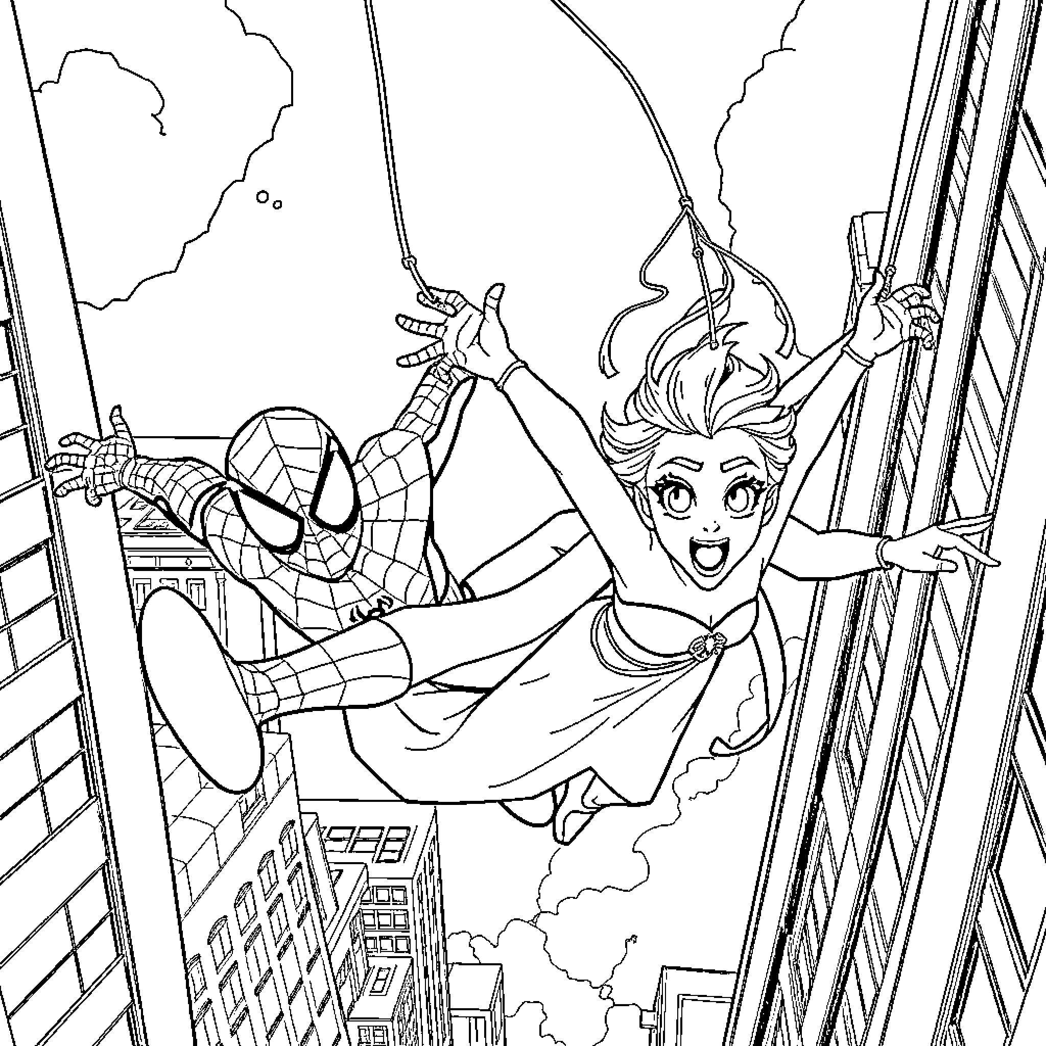 Spiderman Saves Excited Girl from Peril Coloring Page (free black-and-white line drawing printable PDF for all, from beginners to advanced learners, including children, teens, adults, and seniors)