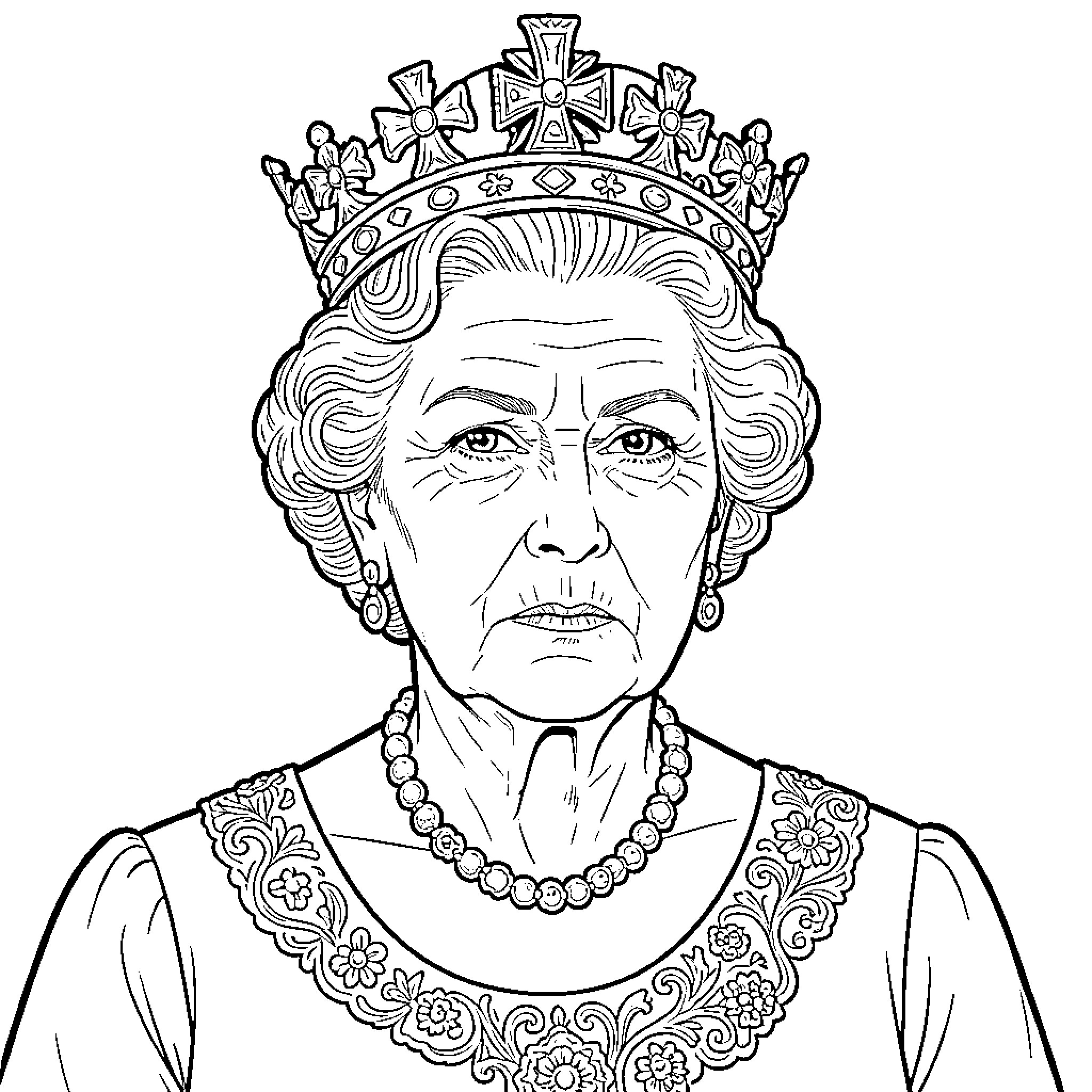 Queen Elizabeth II in Regal Attire Coloring Page (free black-and-white line drawing printable PDF for all, from beginners to advanced learners, including children, teens, adults, and seniors)