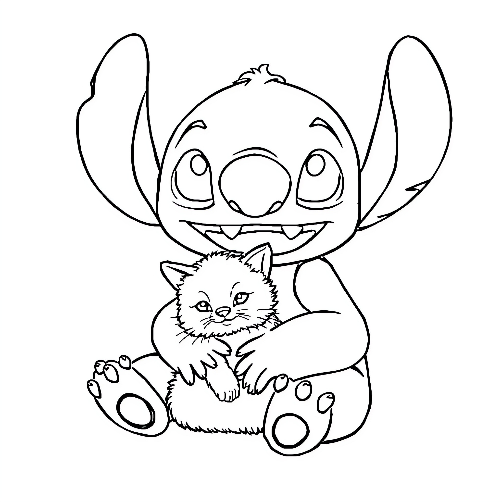 Stitch cuddling a kitten Coloring Page (free black-and-white line drawing printable PDF for all, from beginners to advanced learners, including children, teens, adults, and seniors)