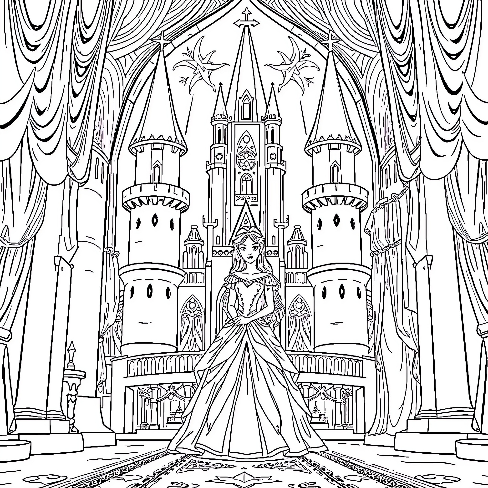 Princess in an elegant castle Coloring Page (free black-and-white line drawing printable PDF for all, from beginners to advanced learners, including children, teens, adults, and seniors)