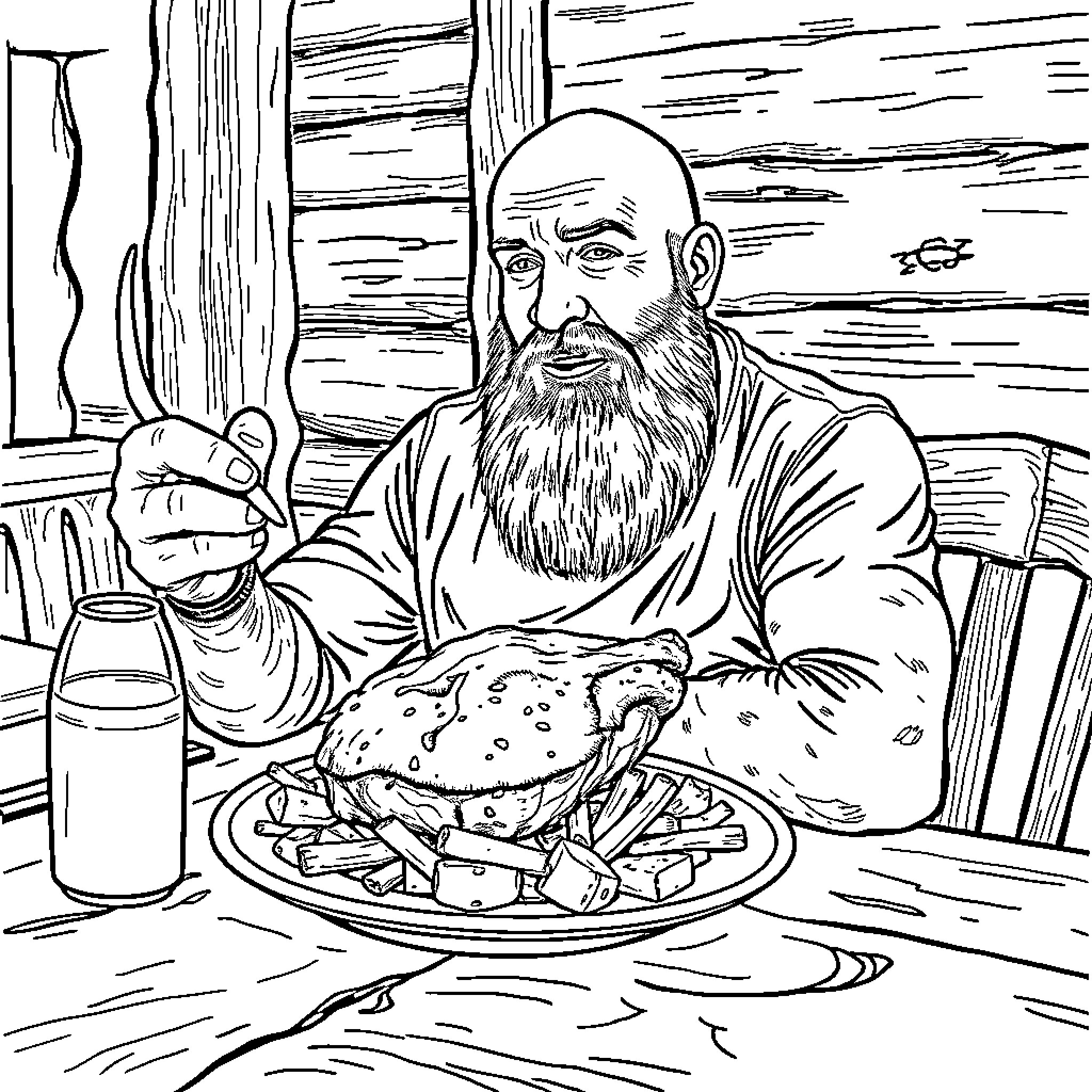Joe Rogan Enjoying a Hearty Meal in a Rustic Setting Coloring Page (free black-and-white line drawing printable PDF for all, from beginners to advanced learners, including children, teens, adults, and seniors)