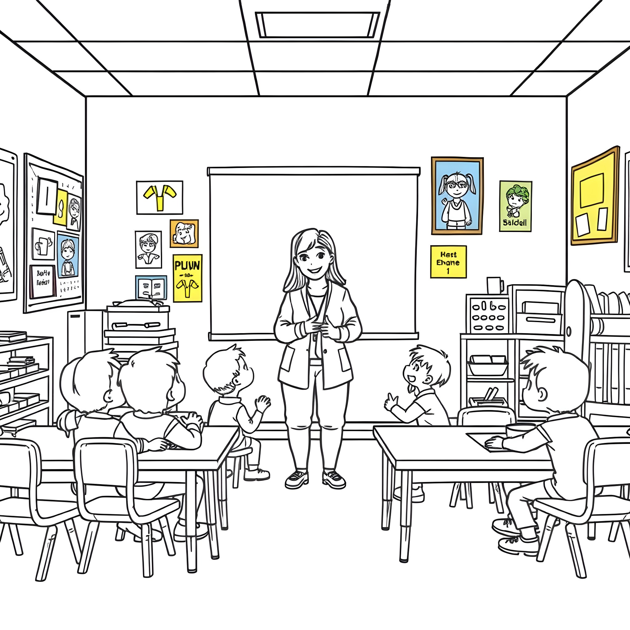 Student teaching a group of children in classroom Coloring Page (free black-and-white line drawing printable PDF for all, from beginners to advanced learners, including children, teens, adults, and seniors)