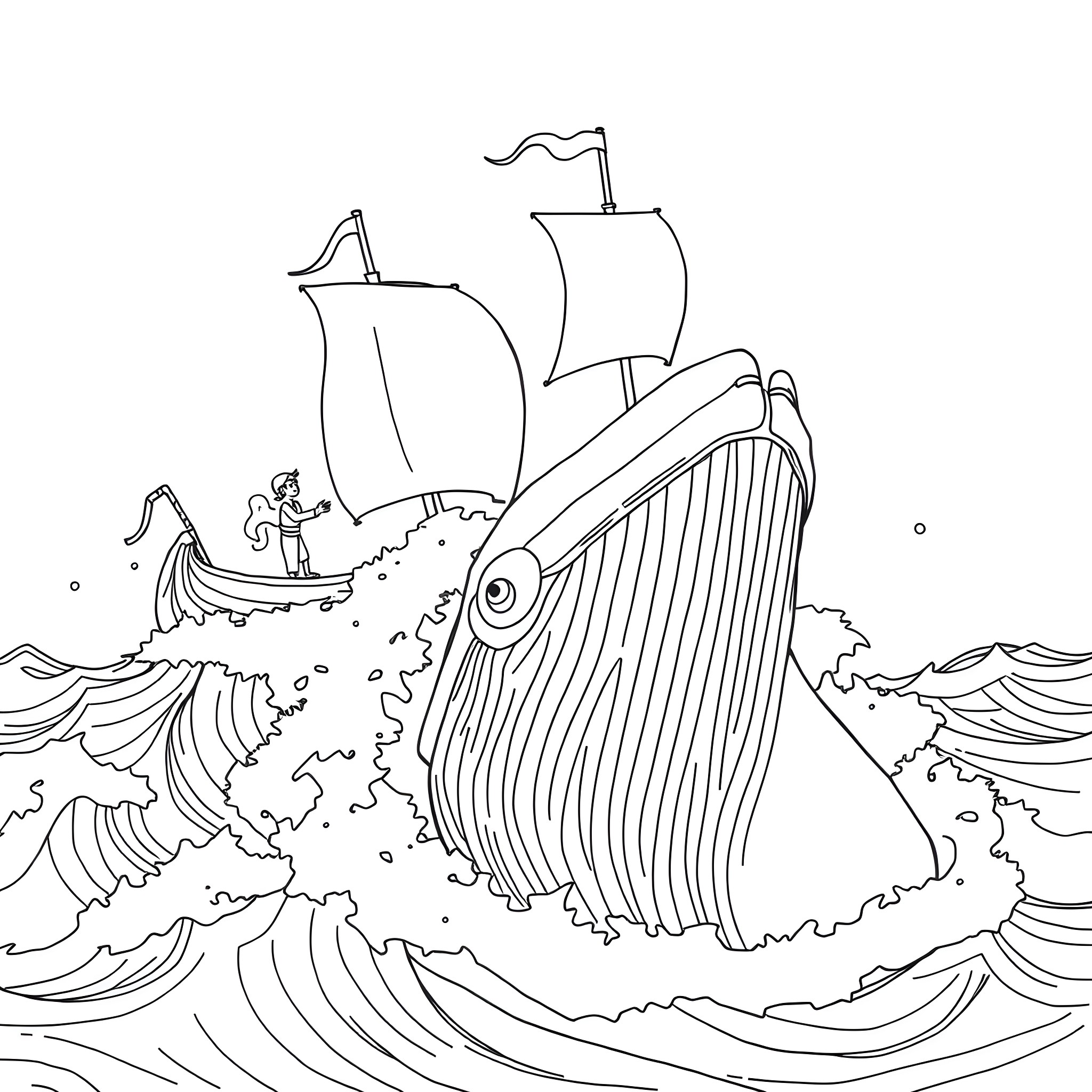 Jonah's voyage on a giant whale in the stormy sea Coloring Page (free black-and-white line drawing printable PDF for all, from beginners to advanced learners, including children, teens, adults, and seniors)