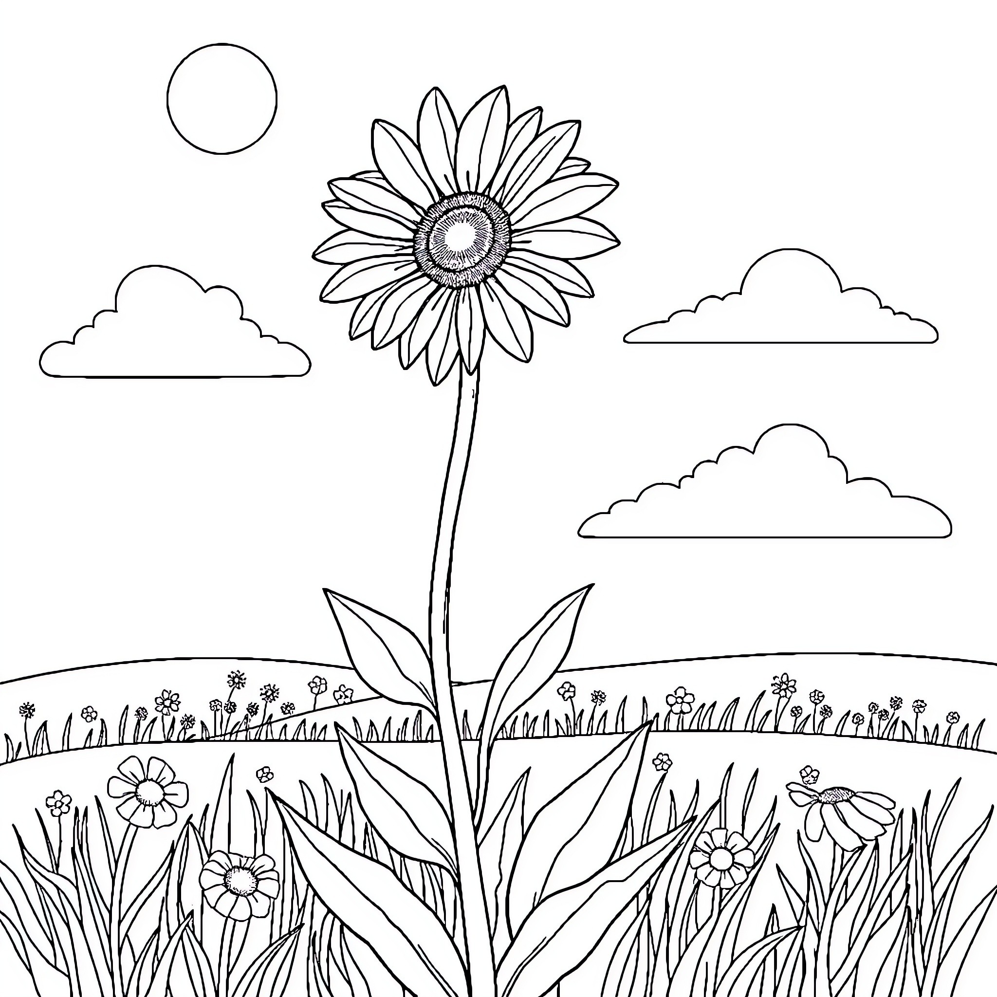 Sunflower blossoming in a peaceful field Coloring Page (free black-and-white line drawing printable PDF for all, from beginners to advanced learners, including children, teens, adults, and seniors)