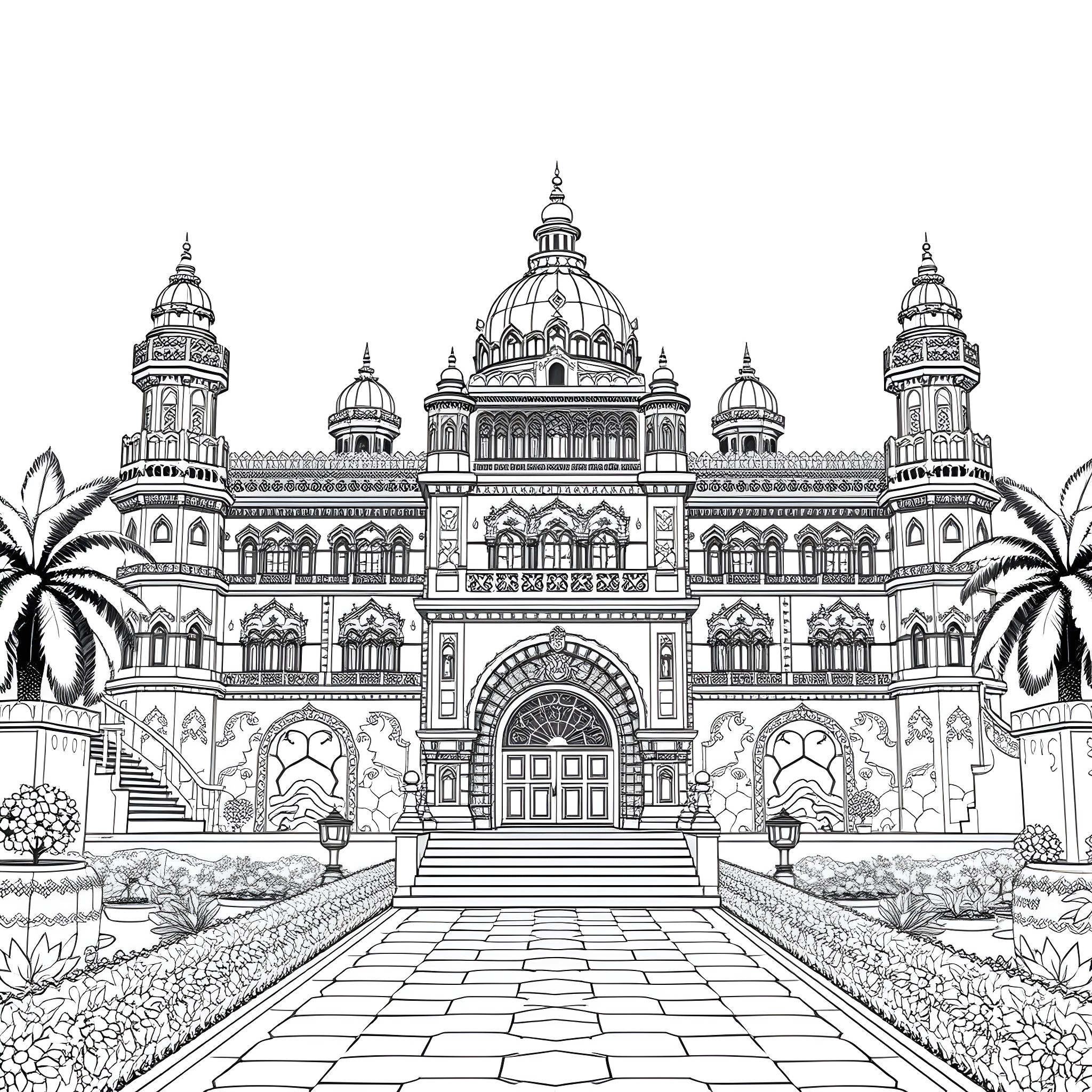 Bangalore Palace with ornate architecture and royal design Coloring Page (free black-and-white line drawing printable PDF for all, from beginners to advanced learners, including children, teens, adults, and seniors)