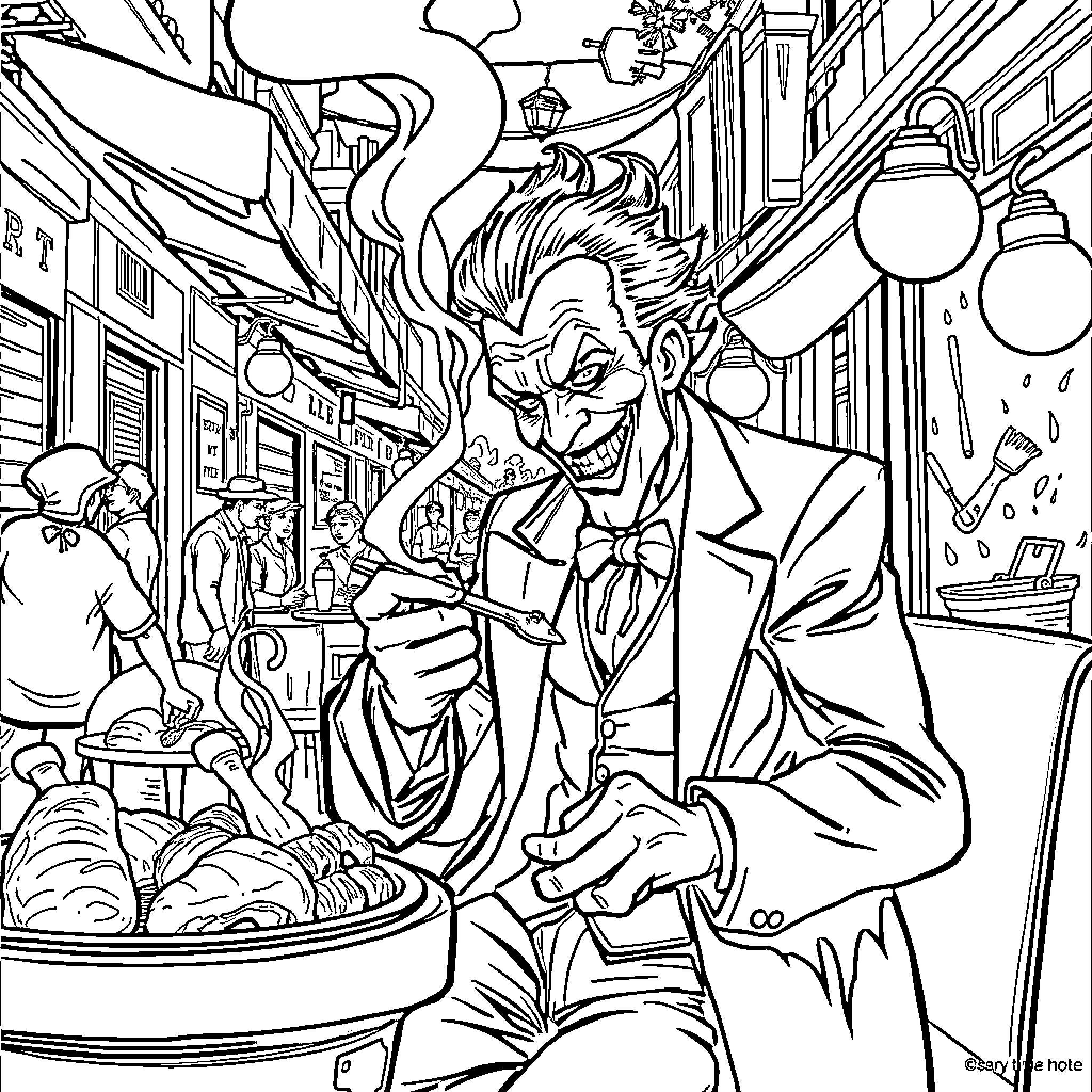 Joker's Mischievous Adventure in the City Streets Coloring Page (free black-and-white line drawing printable PDF for all, from beginners to advanced learners, including children, teens, adults, and seniors)