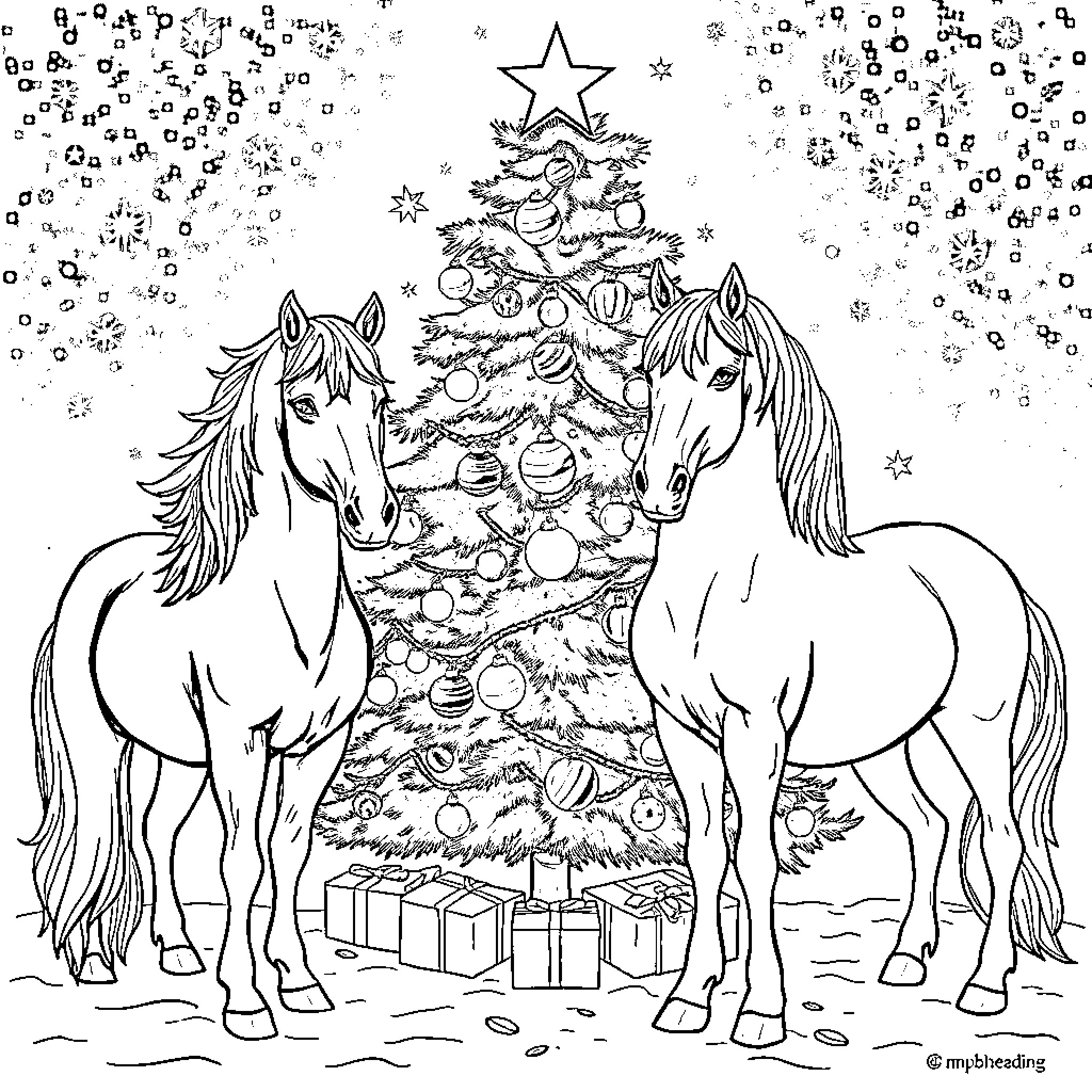 Horse Christmas Celebration with Decorated Tree Coloring Page (free black-and-white line drawing printable PDF for all, from beginners to advanced learners, including children, teens, adults, and seniors)