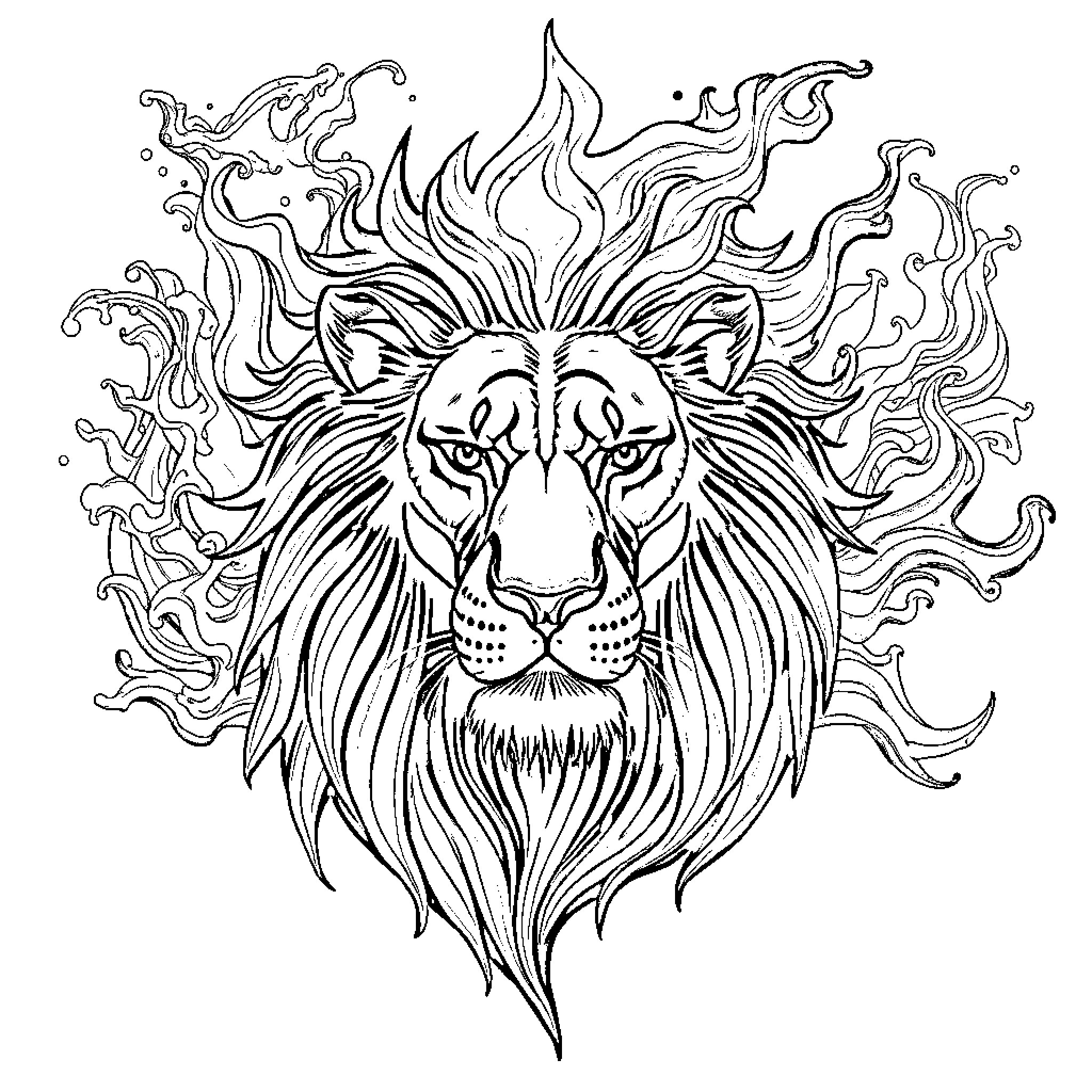 Lion with fiery mane and intense expression Coloring Page (free black-and-white line drawing printable PDF for all, from beginners to advanced learners, including children, teens, adults, and seniors)