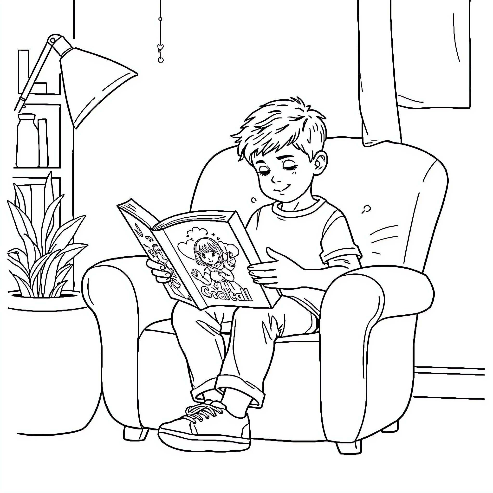 Boy reading a book in a cozy room Coloring Page (free black-and-white line drawing printable PDF for all, from beginners to advanced learners, including children, teens, adults, and seniors)