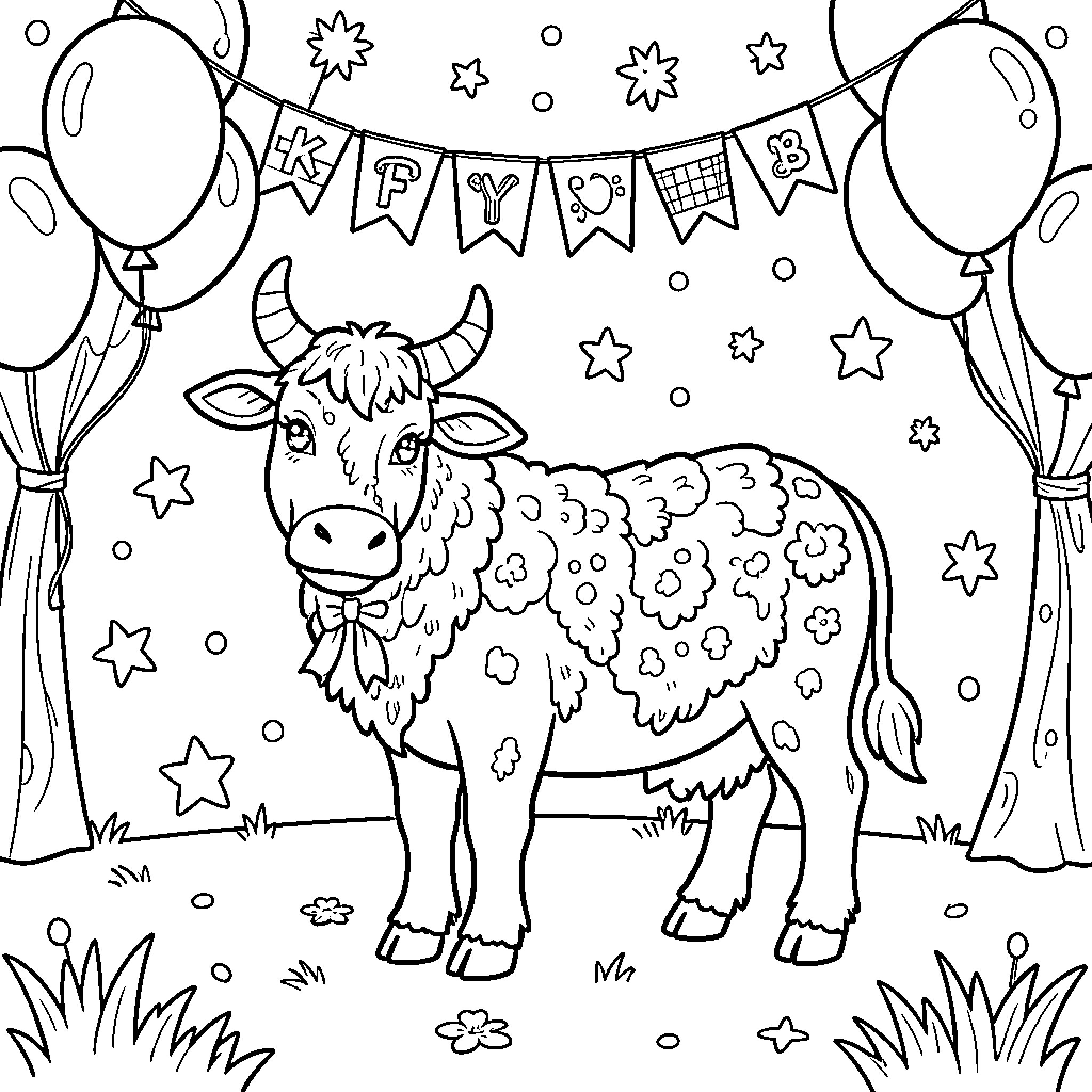 Burro surrounded by balloons and celebrating with party decorations Coloring Page (free black-and-white line drawing printable PDF for all, from beginners to advanced learners, including children, teens, adults, and seniors)