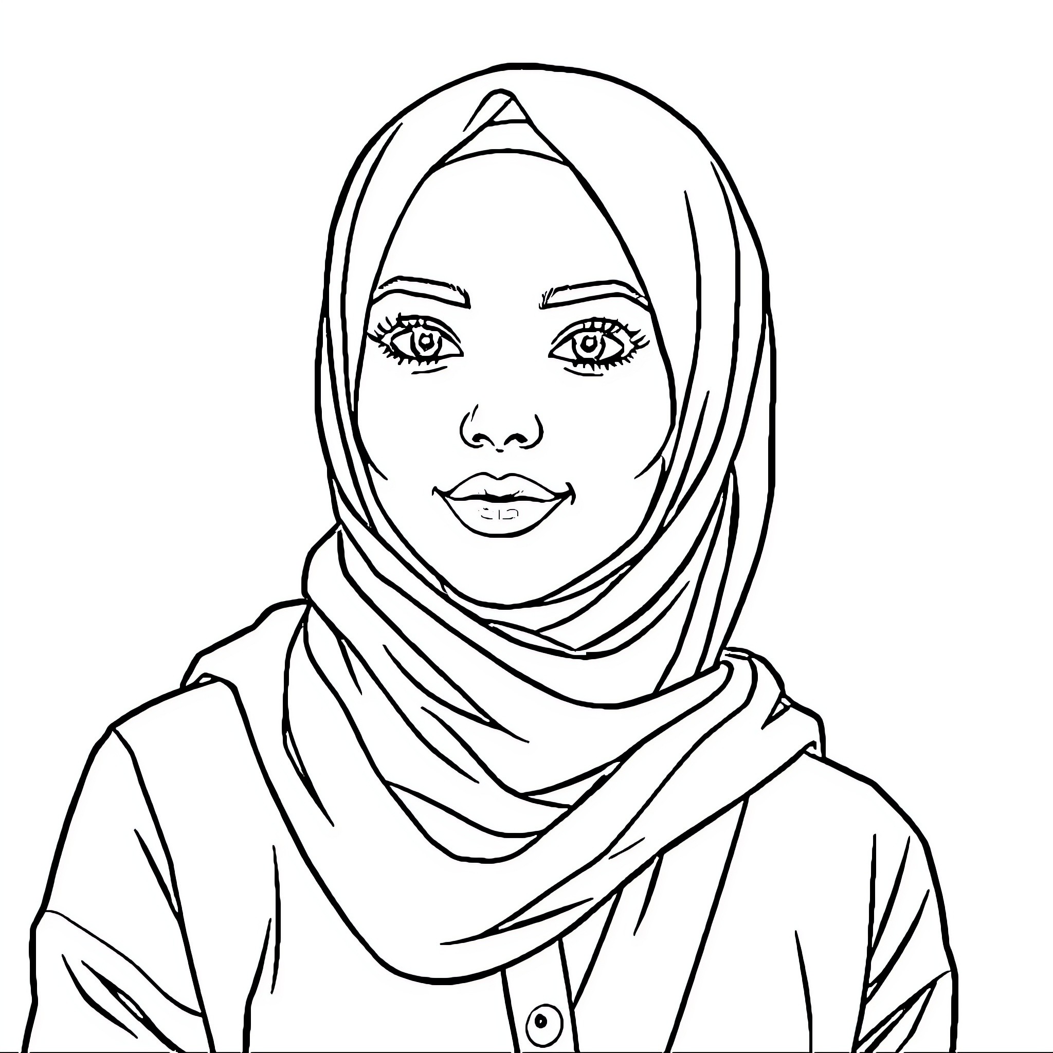 Hijabi woman in pensive expression Coloring Page (free black-and-white line drawing printable PDF for all, from beginners to advanced learners, including children, teens, adults, and seniors)