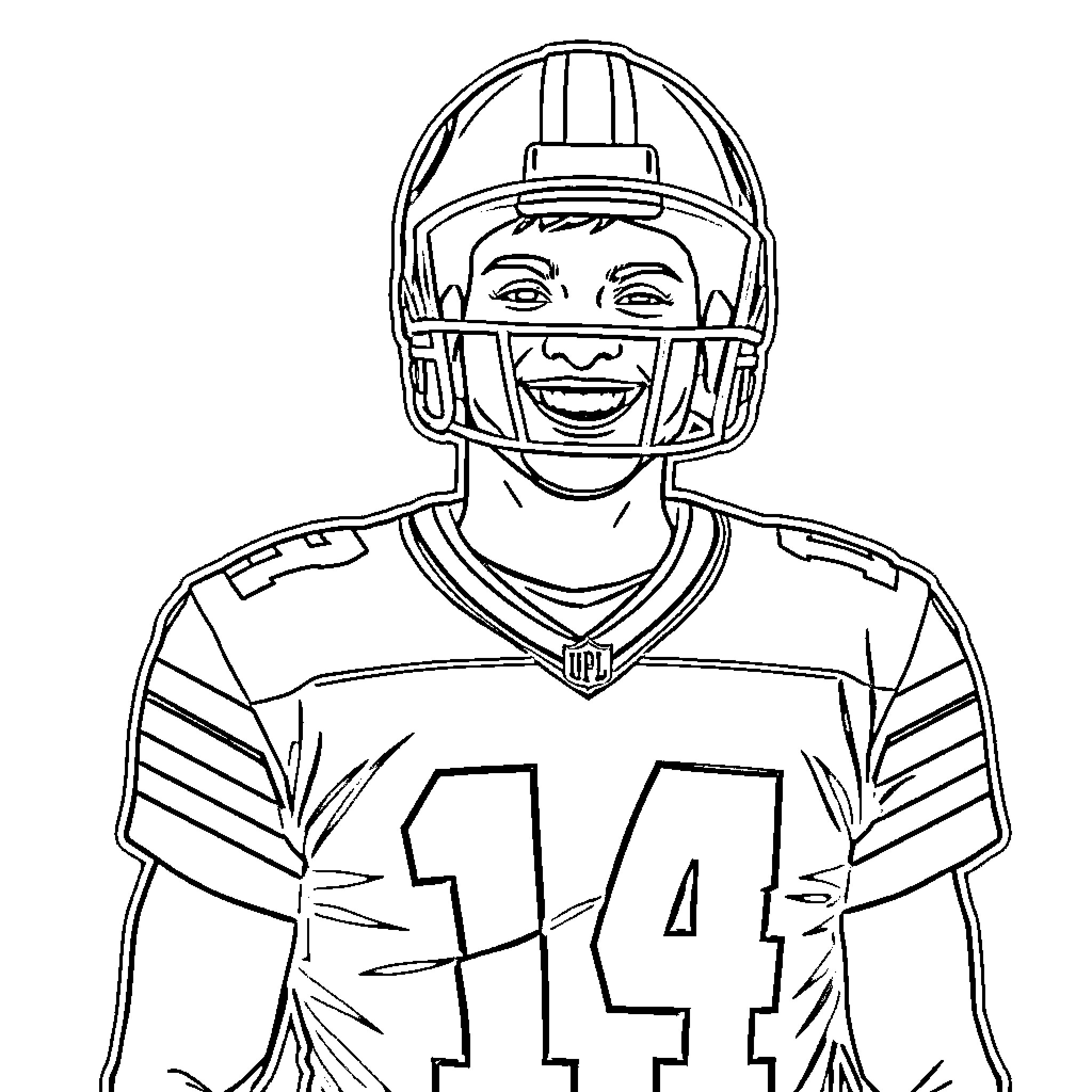 One Piece Athlete in Football Uniform Smiling Coloring Page (free black-and-white line drawing printable PDF for all, from beginners to advanced learners, including children, teens, adults, and seniors)
