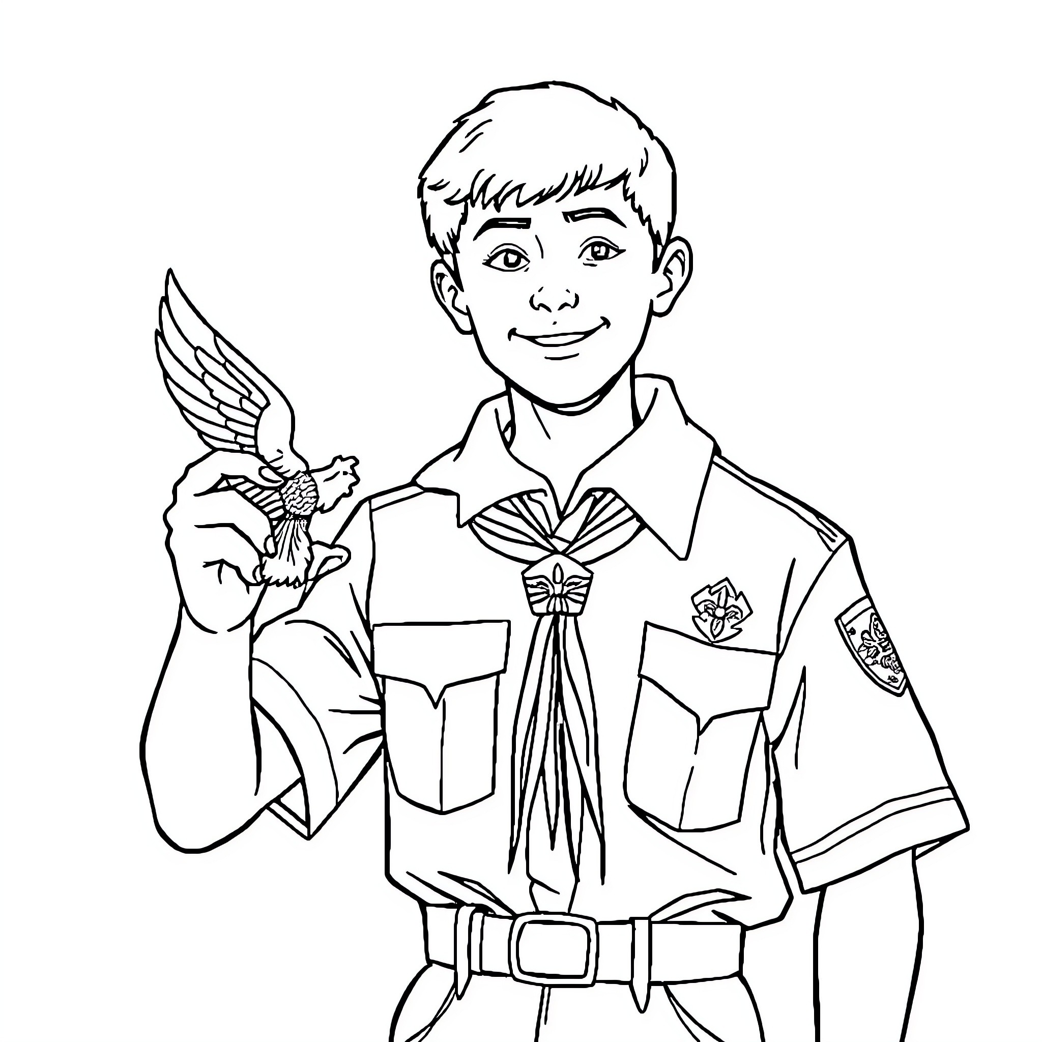 Boy Scout showing his merit badge proudly Coloring Page (free black-and-white line drawing printable PDF for all, from beginners to advanced learners, including children, teens, adults, and seniors)