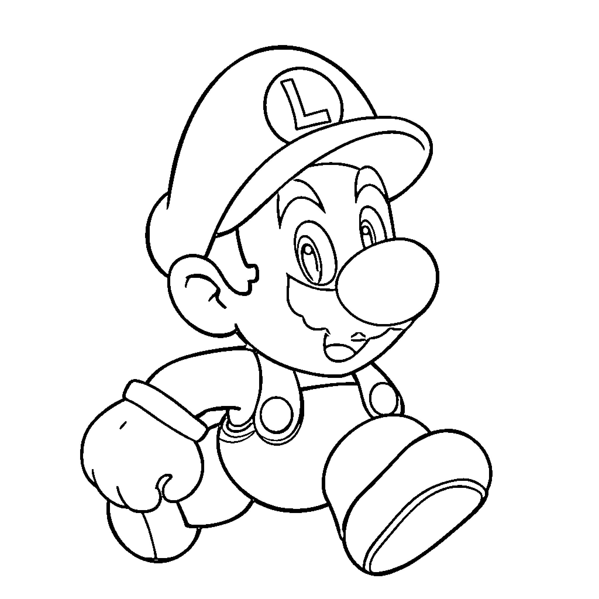 Mario joyfully exploring in his iconic outfit Coloring Page (free black-and-white line drawing printable PDF for all, from beginners to advanced learners, including children, teens, adults, and seniors)