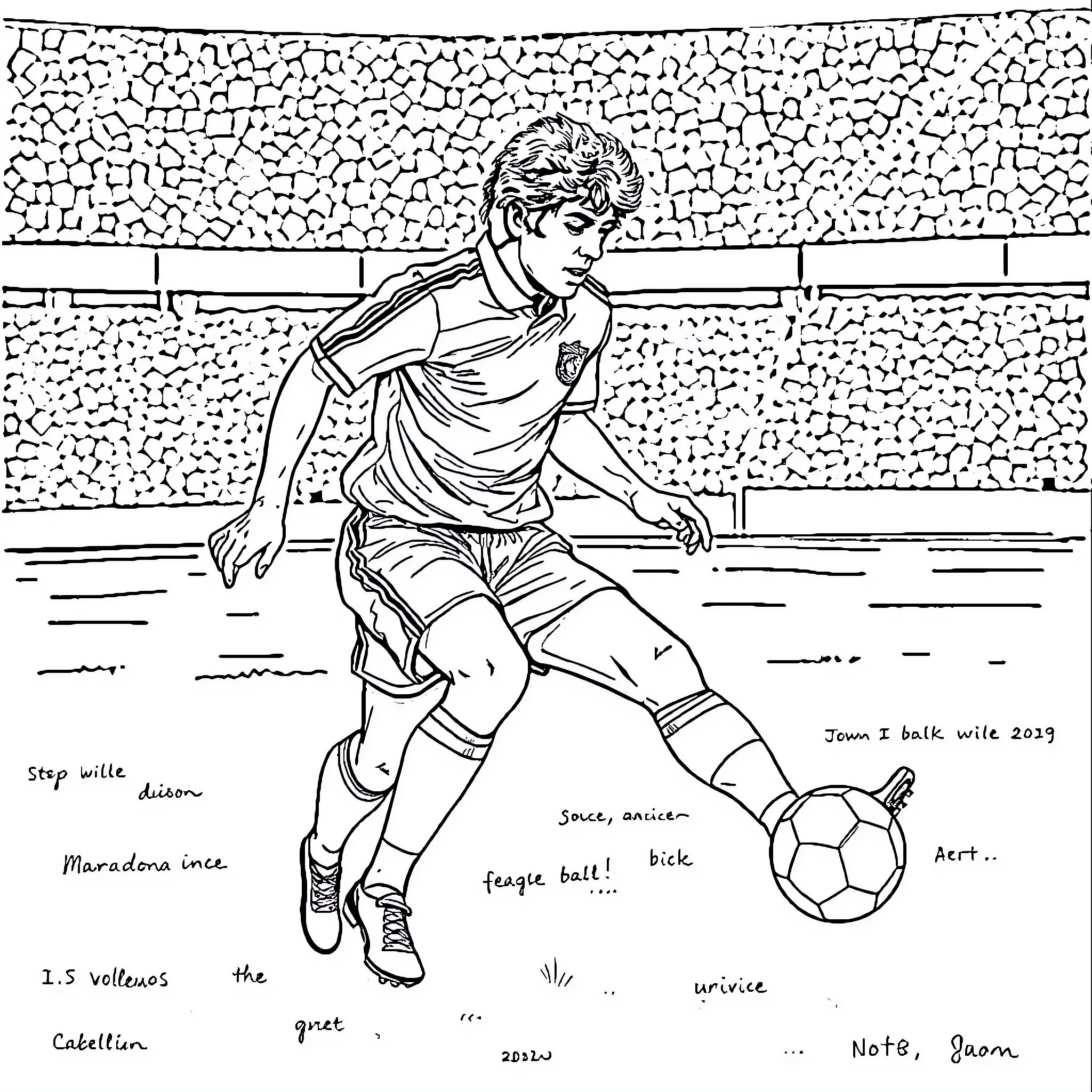 Maradona's Iconic Soccer Skills and Passion Coloring Page (free black-and-white line drawing printable PDF for all, from beginners to advanced learners, including children, teens, adults, and seniors)
