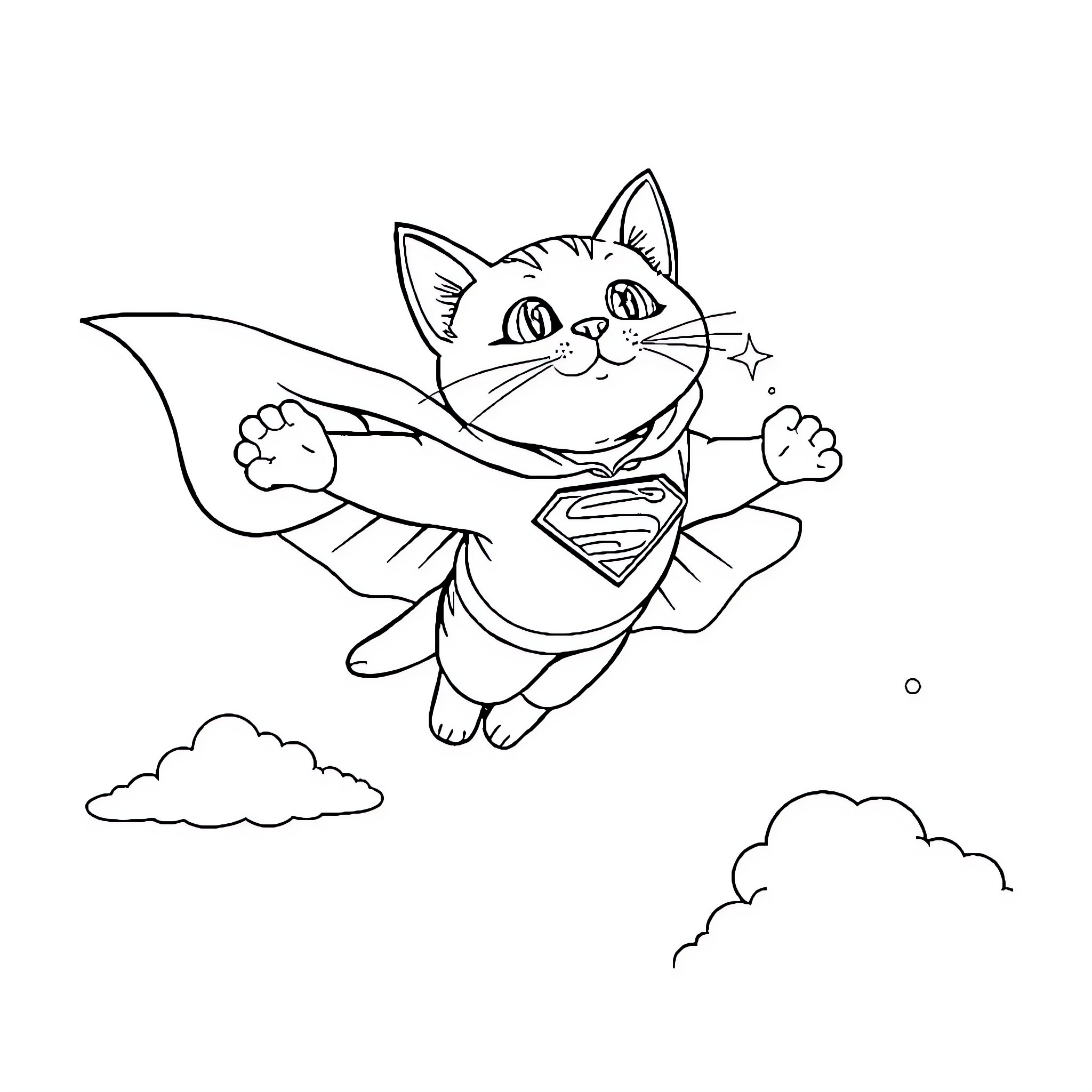 Cat superhero flying above the clouds Coloring Page (free black-and-white line drawing printable PDF for all, from beginners to advanced learners, including children, teens, adults, and seniors)