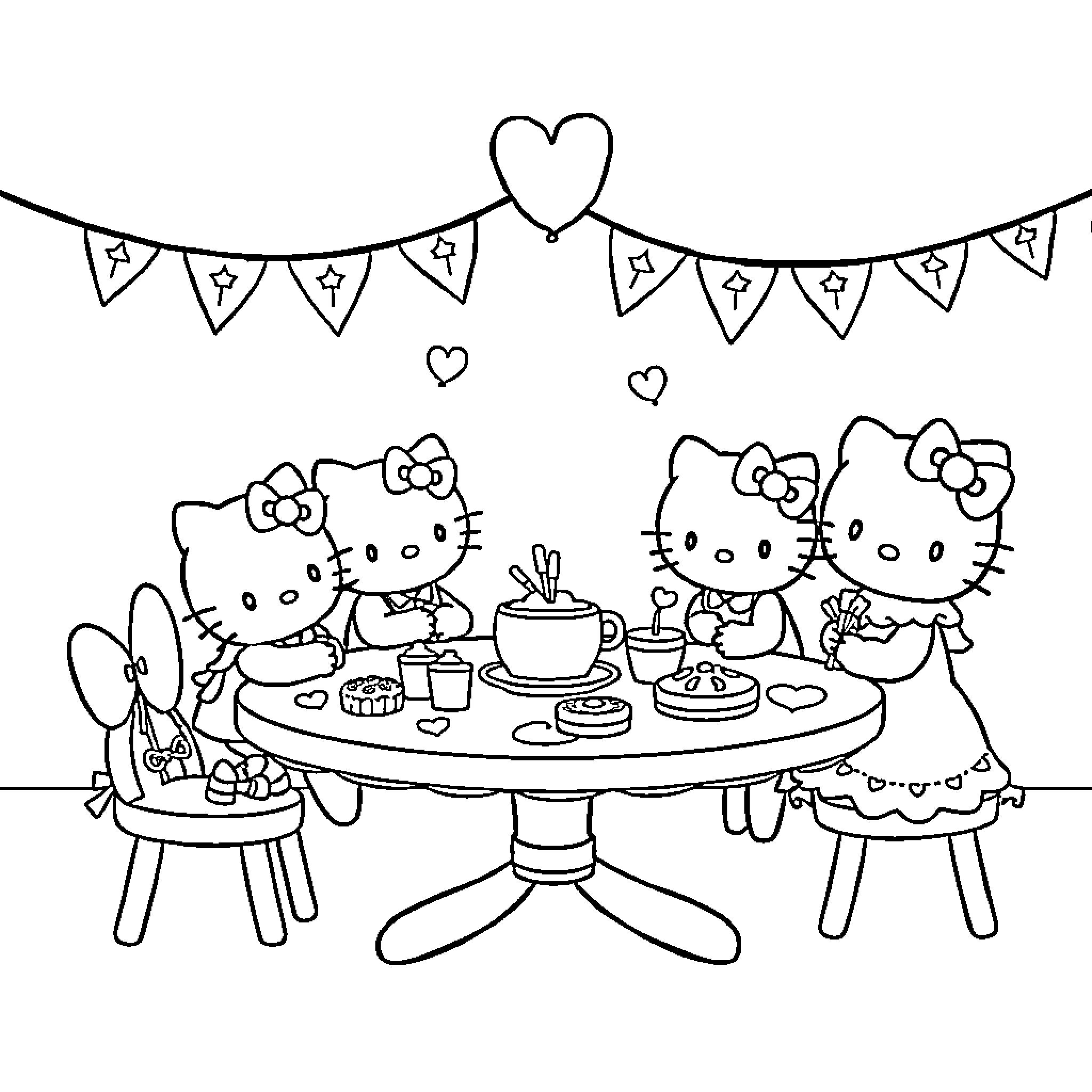 Hello Kitty friends enjoying a tea party Coloring Page (free black-and-white line drawing printable PDF for all, from beginners to advanced learners, including children, teens, adults, and seniors)