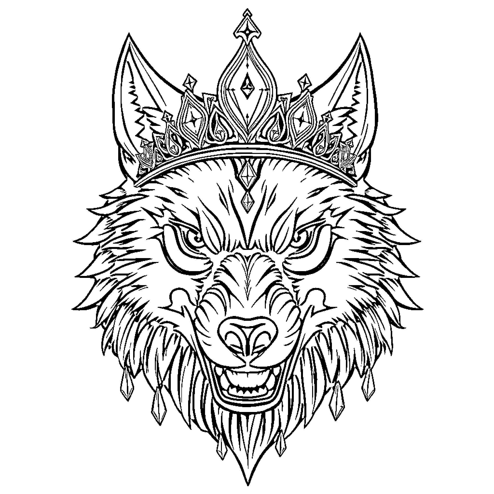 Wolf wearing a majestic crown with intricate designs Coloring Page (free black-and-white line drawing printable PDF for all, from beginners to advanced learners, including children, teens, adults, and seniors)