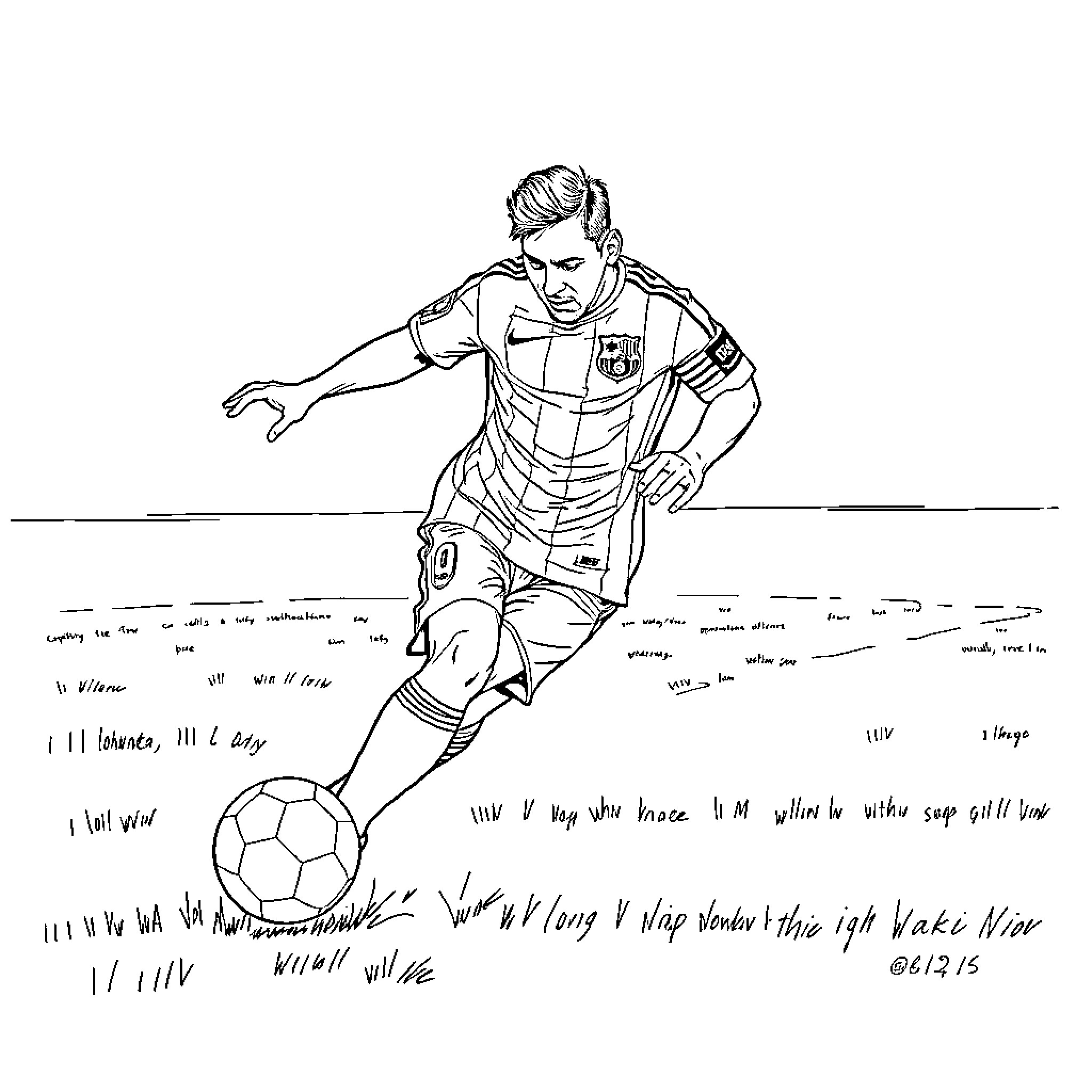 Messi dribbling and running with soccer ball Coloring Page (free black-and-white line drawing printable PDF for all, from beginners to advanced learners, including children, teens, adults, and seniors)