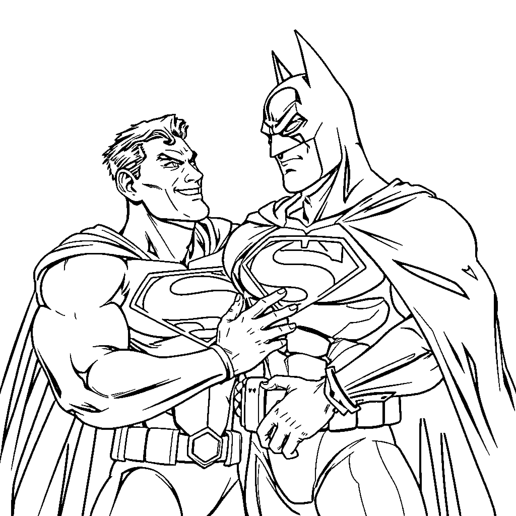 Superman and Batman clash in epic showdown Coloring Page (free black-and-white line drawing printable PDF for all, from beginners to advanced learners, including children, teens, adults, and seniors)