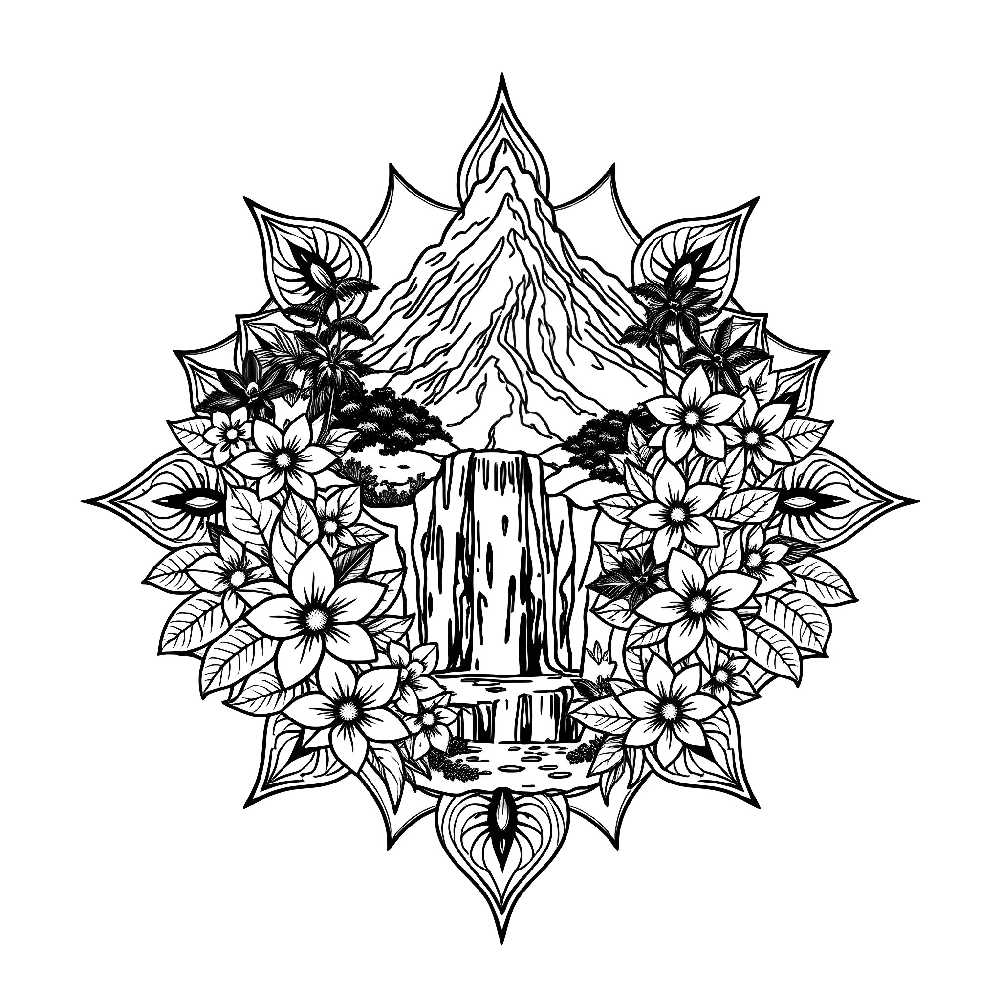 Mandala of Floral Waterfall Scenery Coloring Page (free black-and-white line drawing printable PDF for all, from beginners to advanced learners, including children, teens, adults, and seniors)