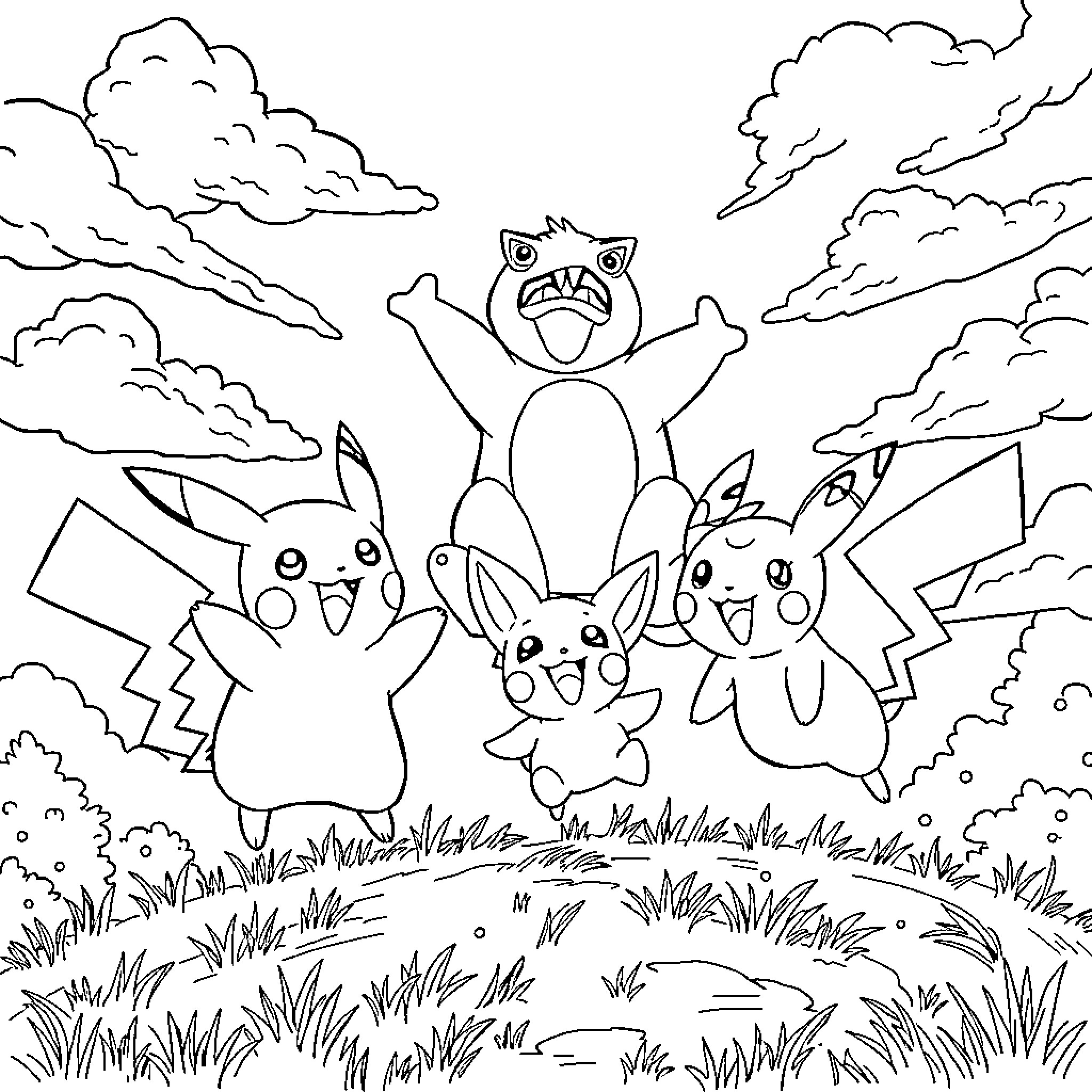 Pikachu and Friends Having a Wild Adventure Coloring Page (free black-and-white line drawing printable PDF for all, from beginners to advanced learners, including children, teens, adults, and seniors)