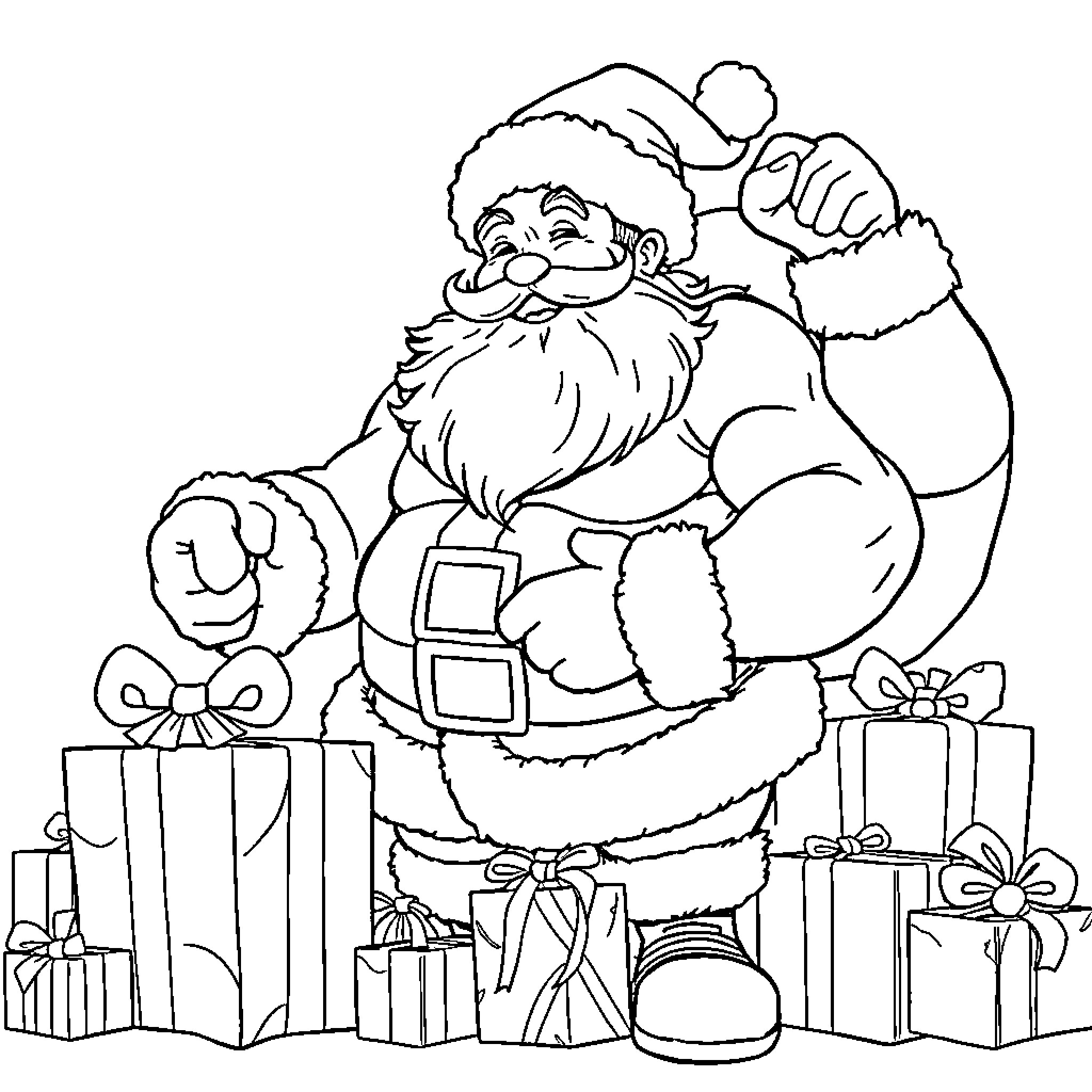 Santa Claus surrounded by gifts and presents Coloring Page (free black-and-white line drawing printable PDF for all, from beginners to advanced learners, including children, teens, adults, and seniors)