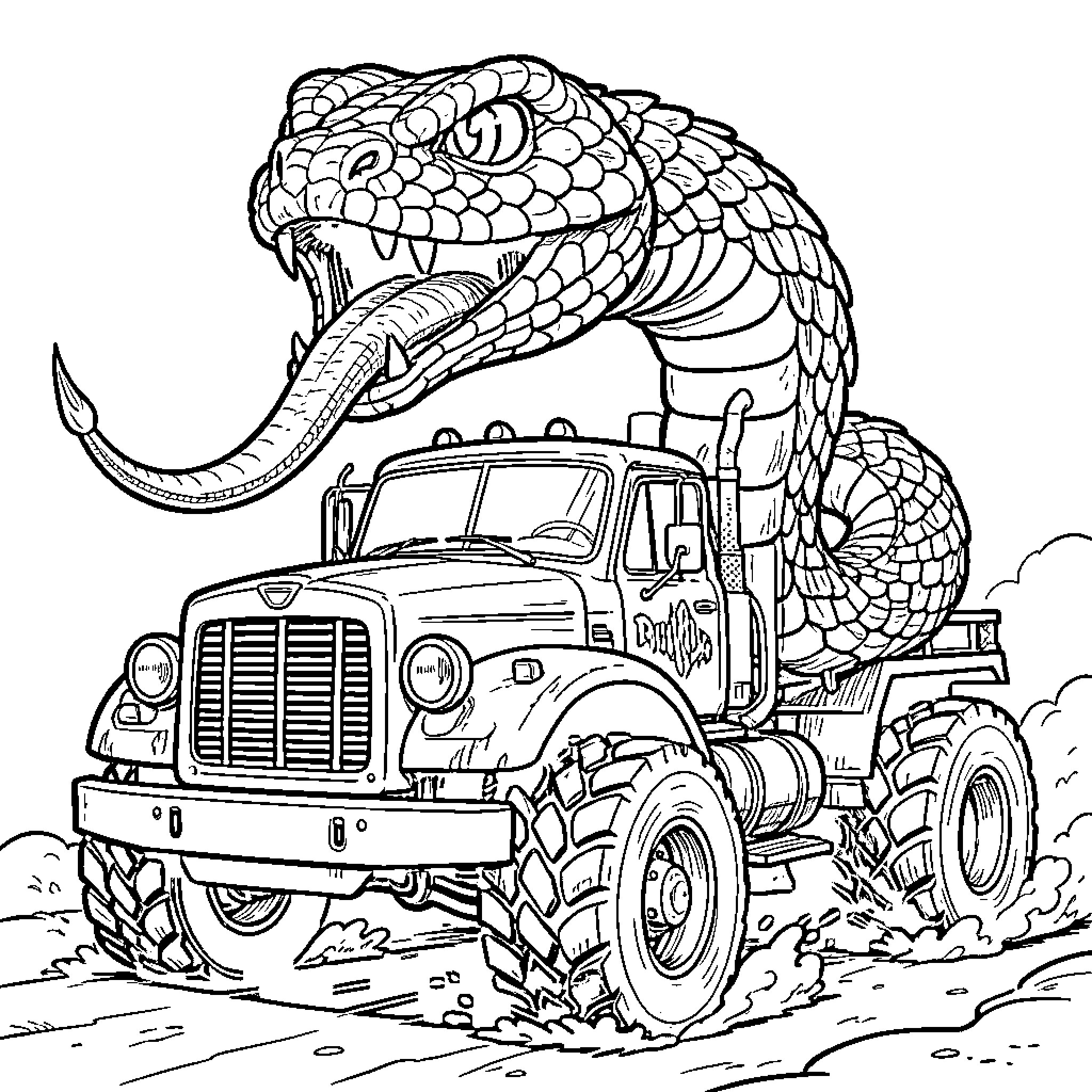 Snake driving a monster truck in the countryside Coloring Page (free black-and-white line drawing printable PDF for all, from beginners to advanced learners, including children, teens, adults, and seniors)