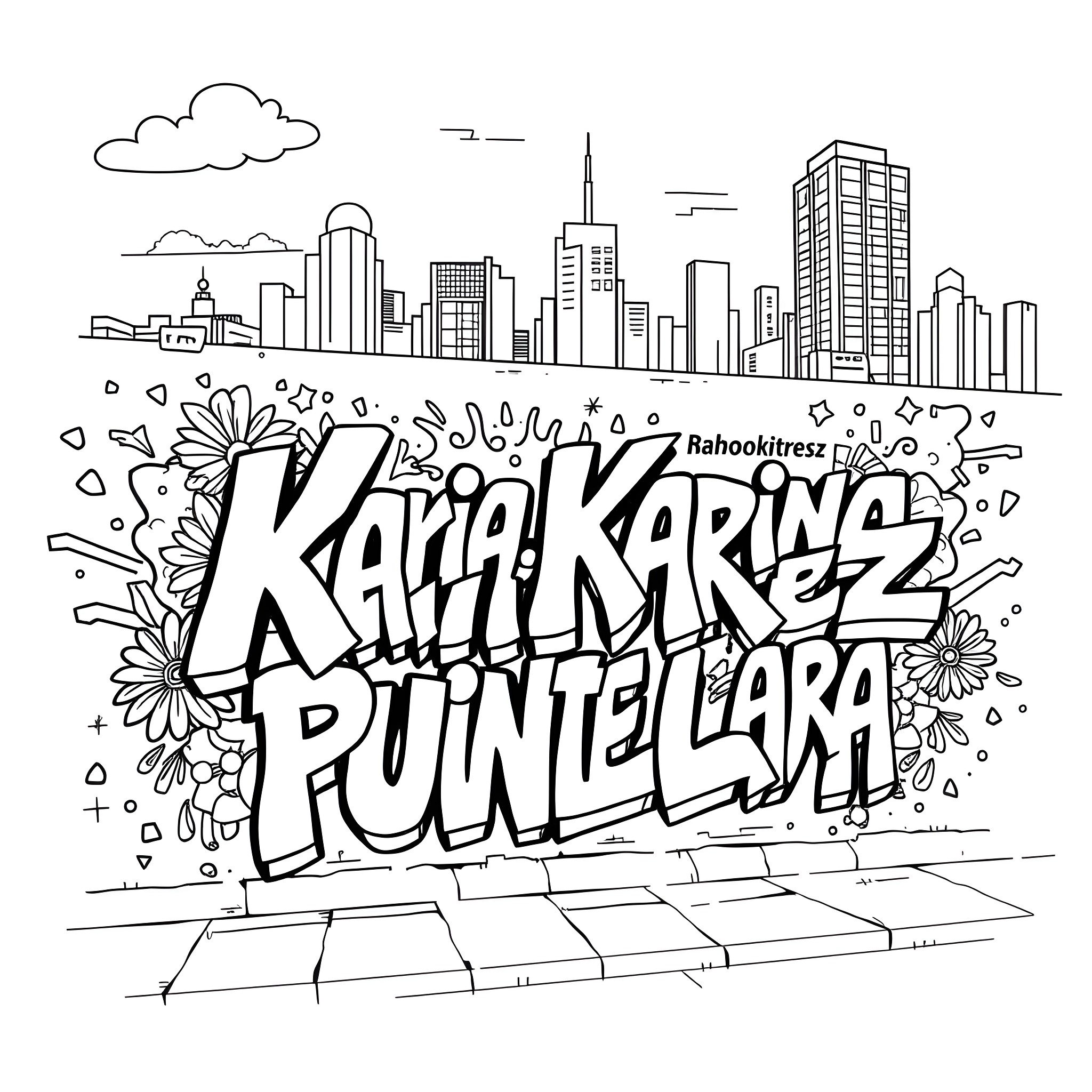 Name of vibrant city skyline with graffiti text Coloring Page (free black-and-white line drawing printable PDF for all, from beginners to advanced learners, including children, teens, adults, and seniors)