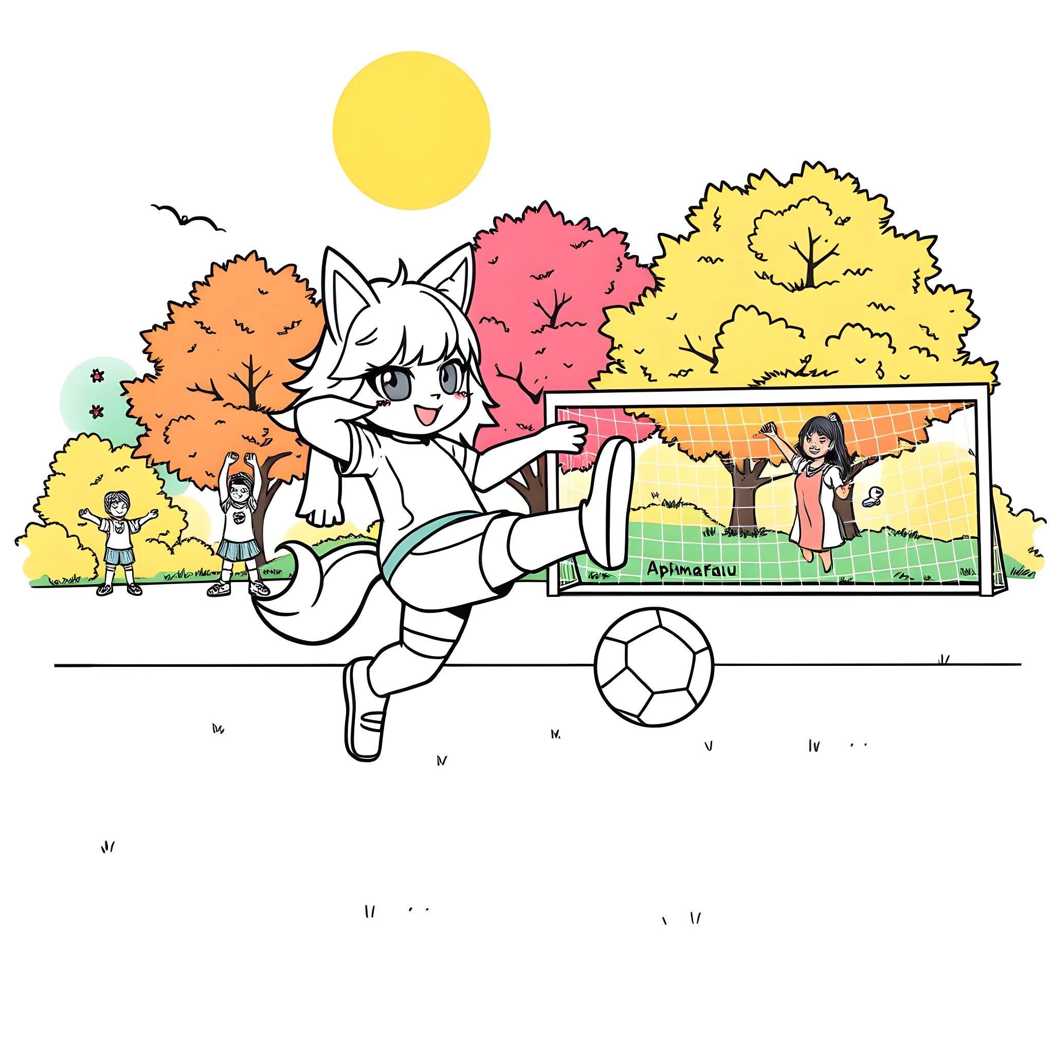 Aphmau's Playful Soccer Adventure Coloring Page (free black-and-white line drawing printable PDF for all, from beginners to advanced learners, including children, teens, adults, and seniors)