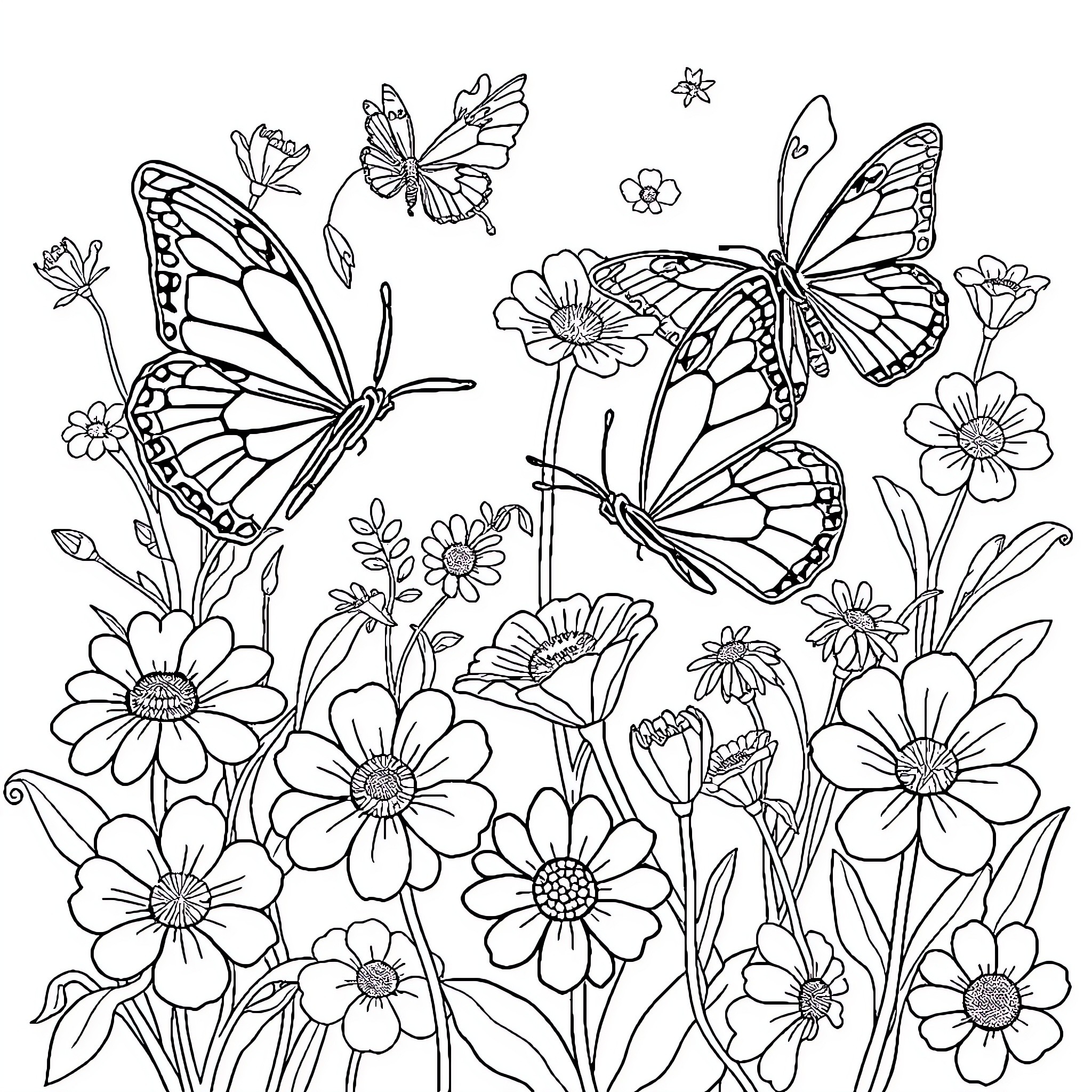 Butterfly garden with vibrant flowers Coloring Page (free black-and-white line drawing printable PDF for all, from beginners to advanced learners, including children, teens, adults, and seniors)