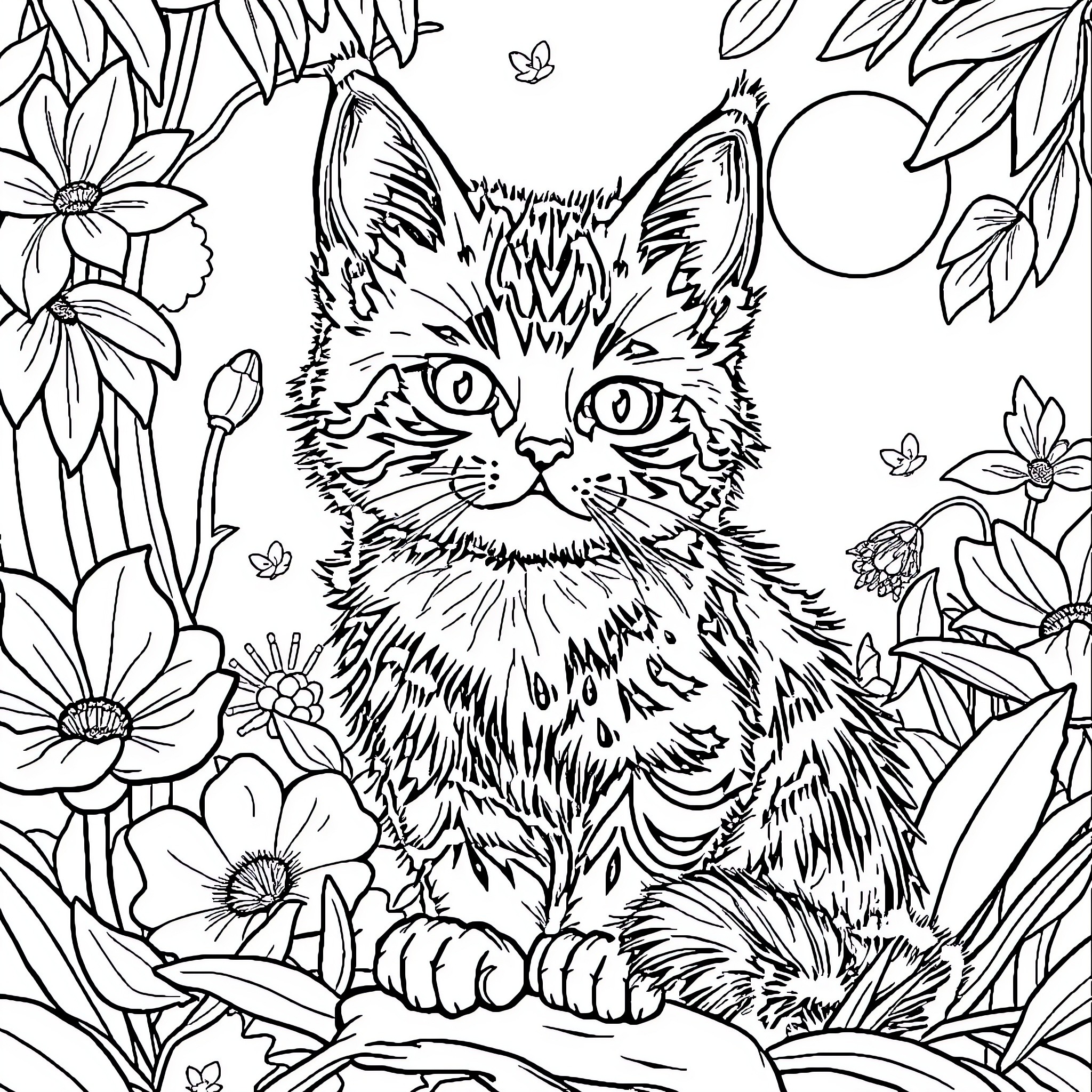 Cat in a floral garden Coloring Page (free black-and-white line drawing printable PDF for all, from beginners to advanced learners, including children, teens, adults, and seniors)
