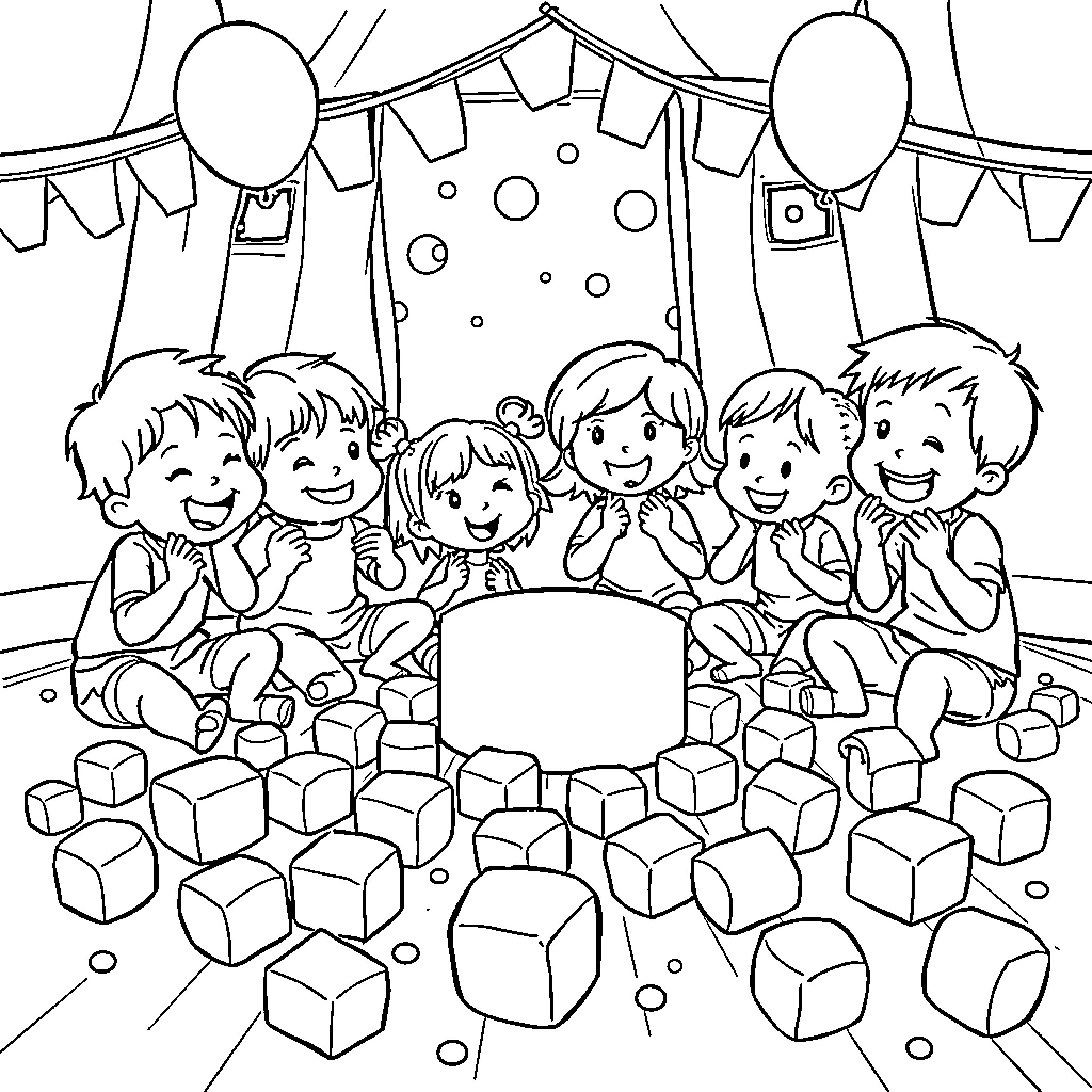 Squishmallow friends enjoying a fun party together Coloring Page (free black-and-white line drawing printable PDF for all, from beginners to advanced learners, including children, teens, adults, and seniors)