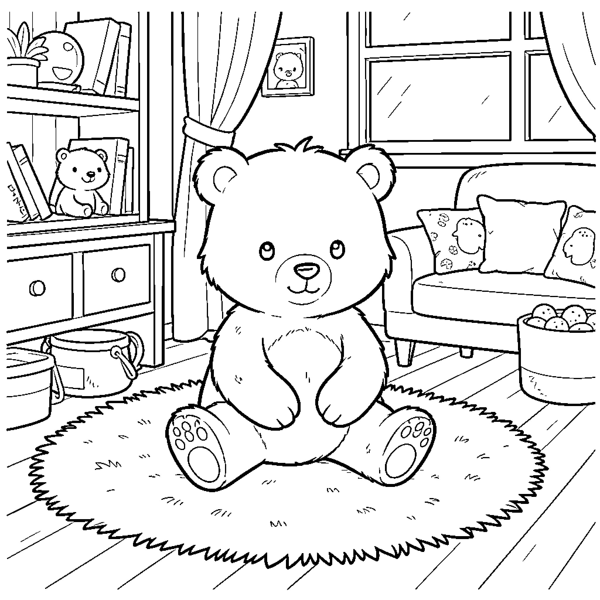 Petit Ours Brun sitting happily on a rug Coloring Page (free black-and-white line drawing printable PDF for all, from beginners to advanced learners, including children, teens, adults, and seniors)