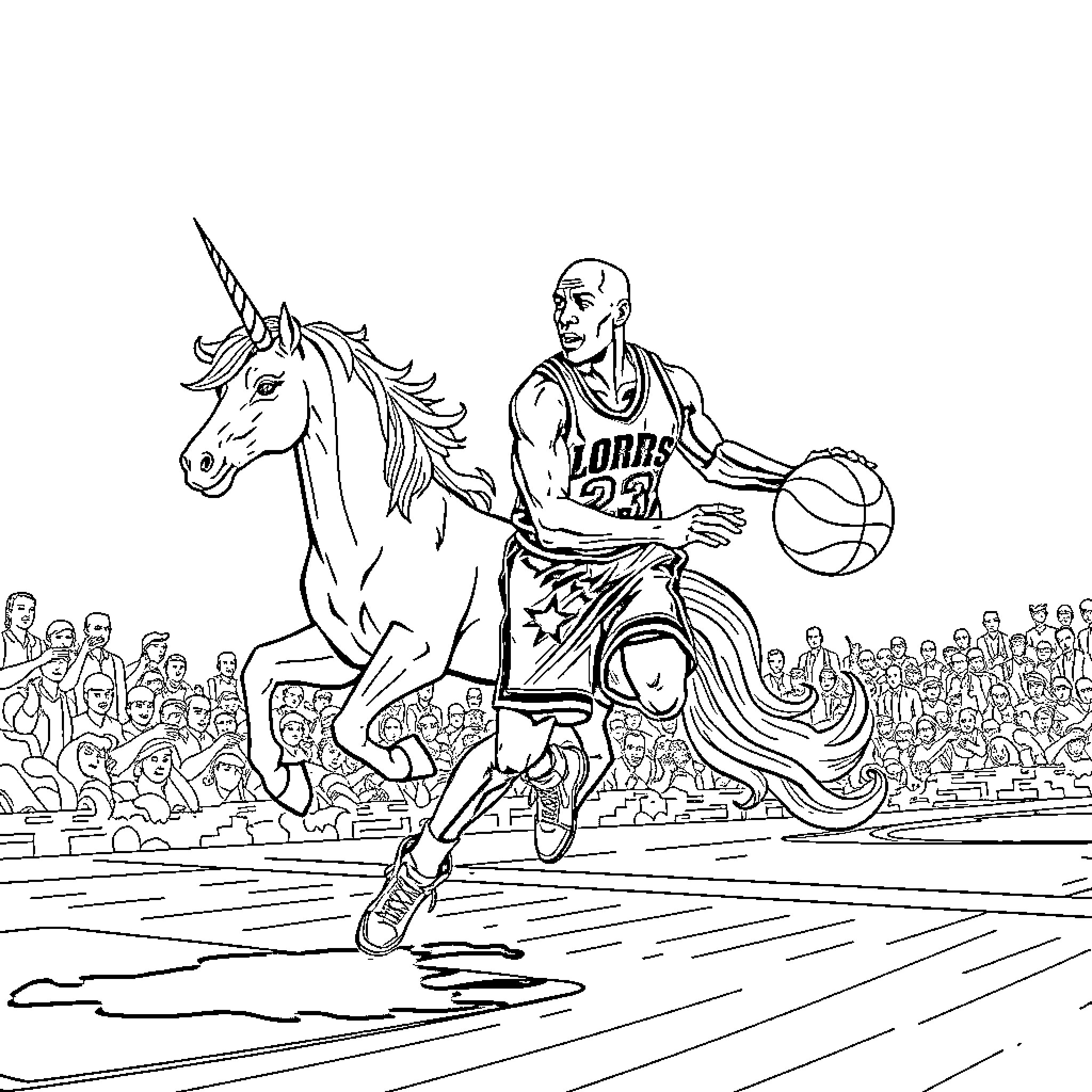 Michael Jordan playing basketball with a unicorn Coloring Page (free black-and-white line drawing printable PDF for all, from beginners to advanced learners, including children, teens, adults, and seniors)