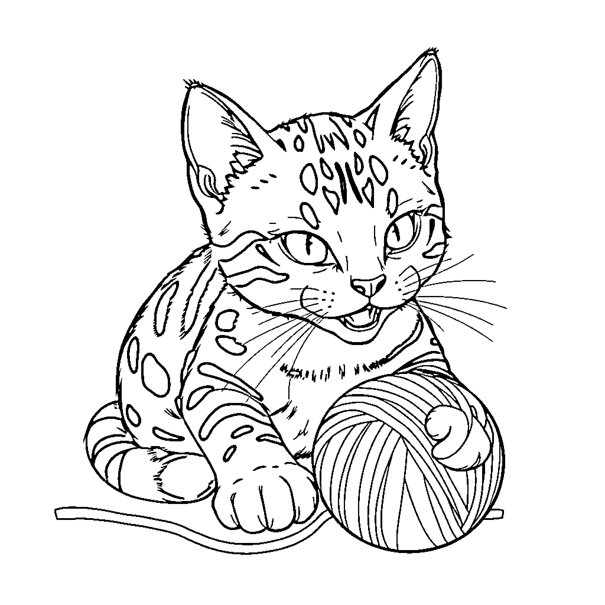 Bengal Cat Playing with Yarn Coloring Page (free black-and-white line drawing printable PDF for all, from beginners to advanced learners, including children, teens, adults, and seniors)