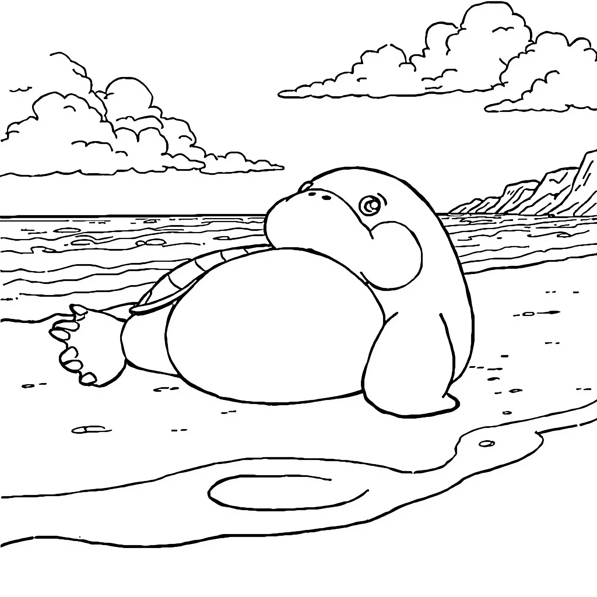Snorlax relaxing on the beach Coloring Page (free black-and-white line drawing printable PDF for all, from beginners to advanced learners, including children, teens, adults, and seniors)