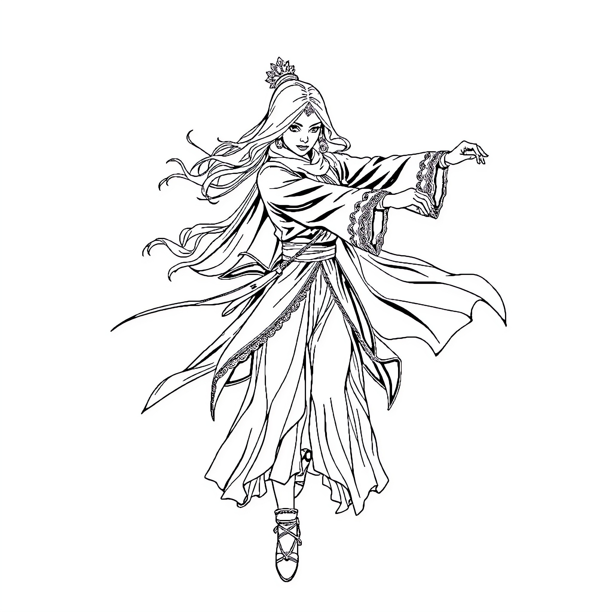 Reine des Neiges: Graceful Princess in Flowing Gown Coloring Page (free black-and-white line drawing printable PDF for all, from beginners to advanced learners, including children, teens, adults, and seniors)