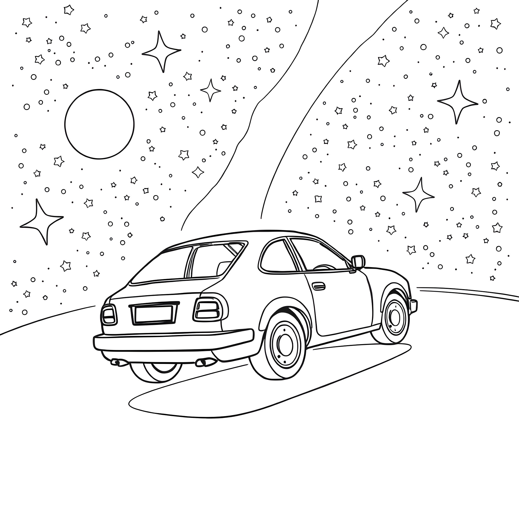 Car driving through starry night sky Coloring Page (free black-and-white line drawing printable PDF for all, from beginners to advanced learners, including children, teens, adults, and seniors)